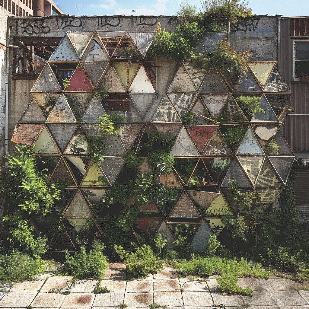 A city lot filled with reclaimed materials arranged in geometric patterns and thriving plants