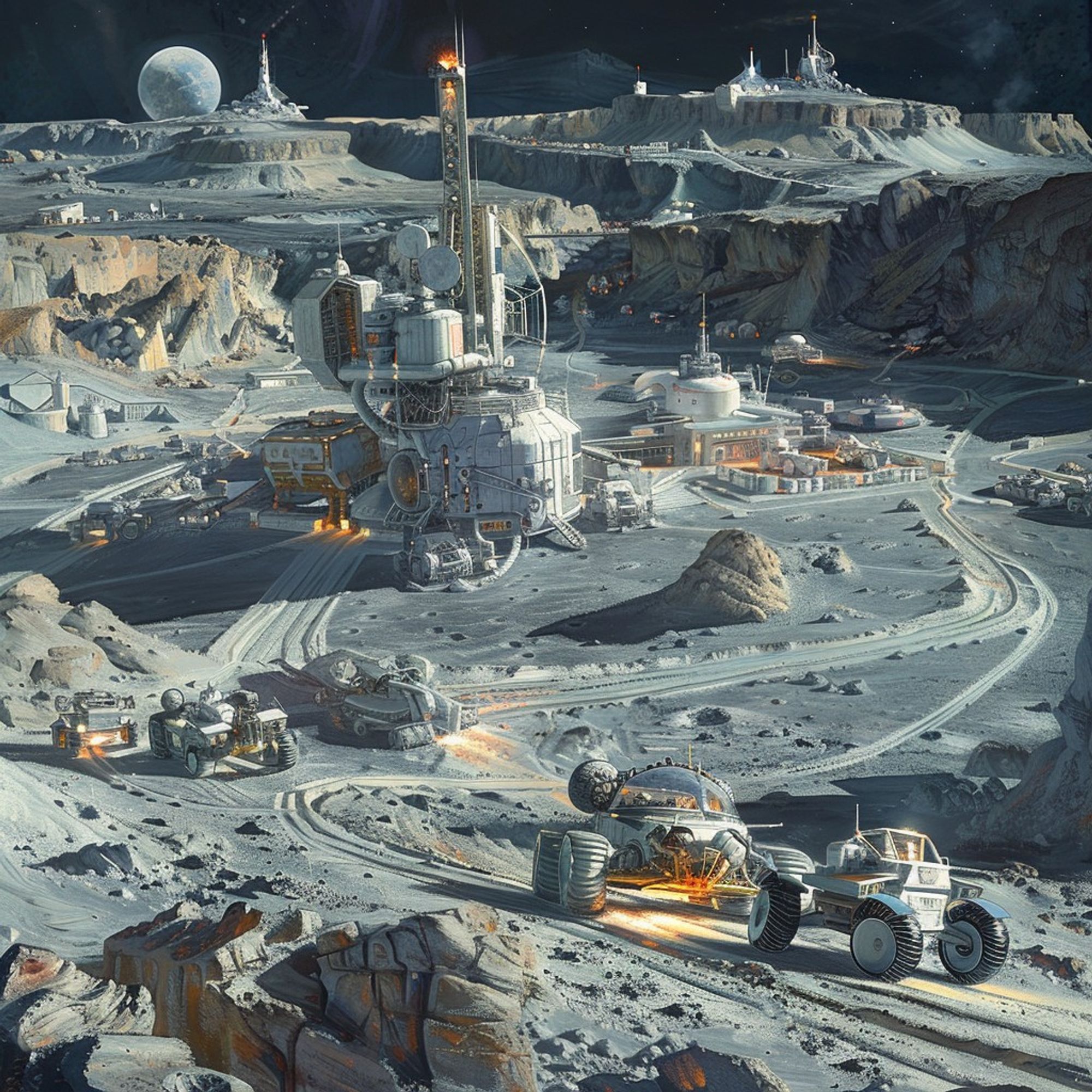 A silvery city-like structure, known as a lunar base, is situated on a rocky surface. It is connected to the surroundings by several rover-like vehicles that resemble futuristic Baja racers and move around the base.