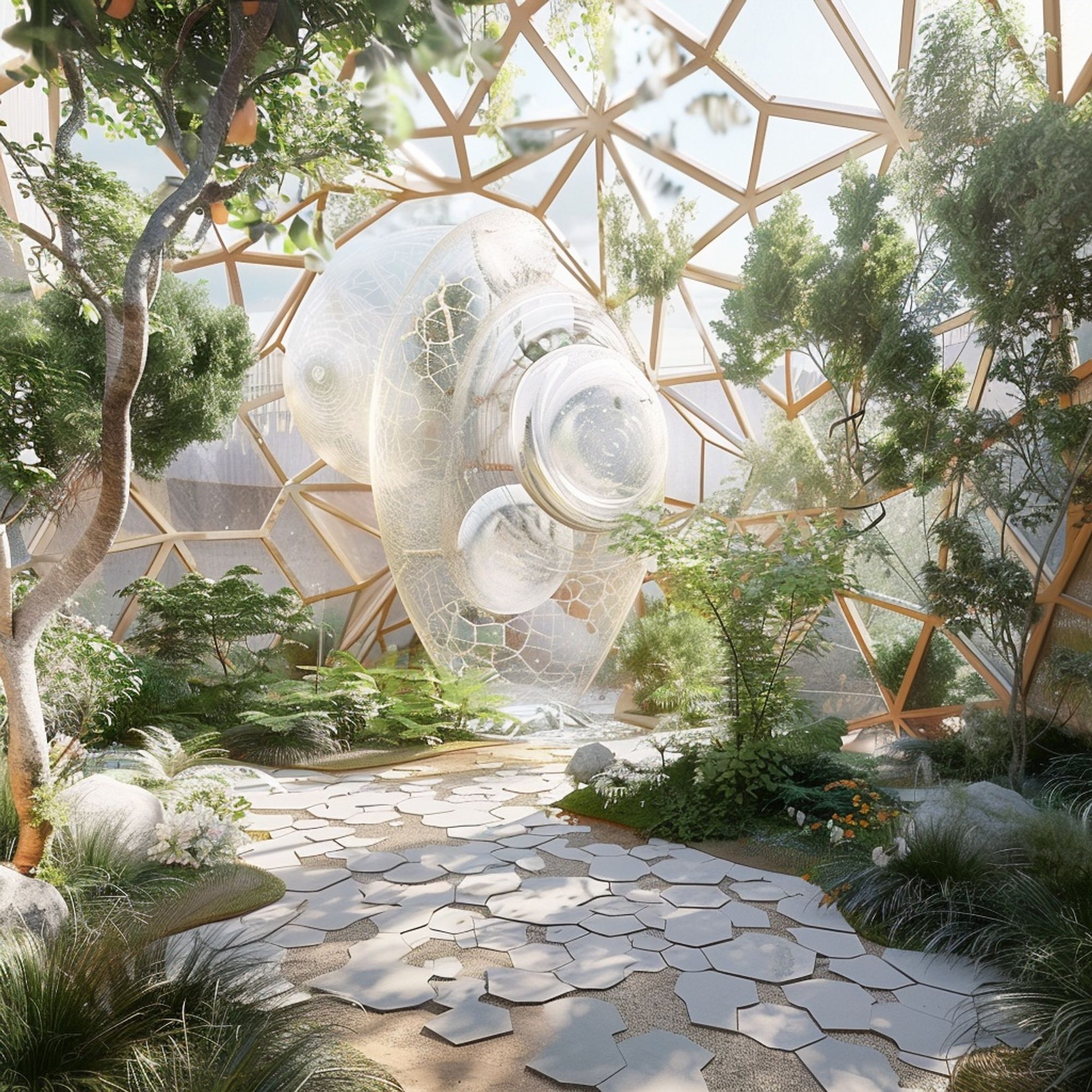 Geometric pavilion in Malmö with a swirling lens and various plants and structures.