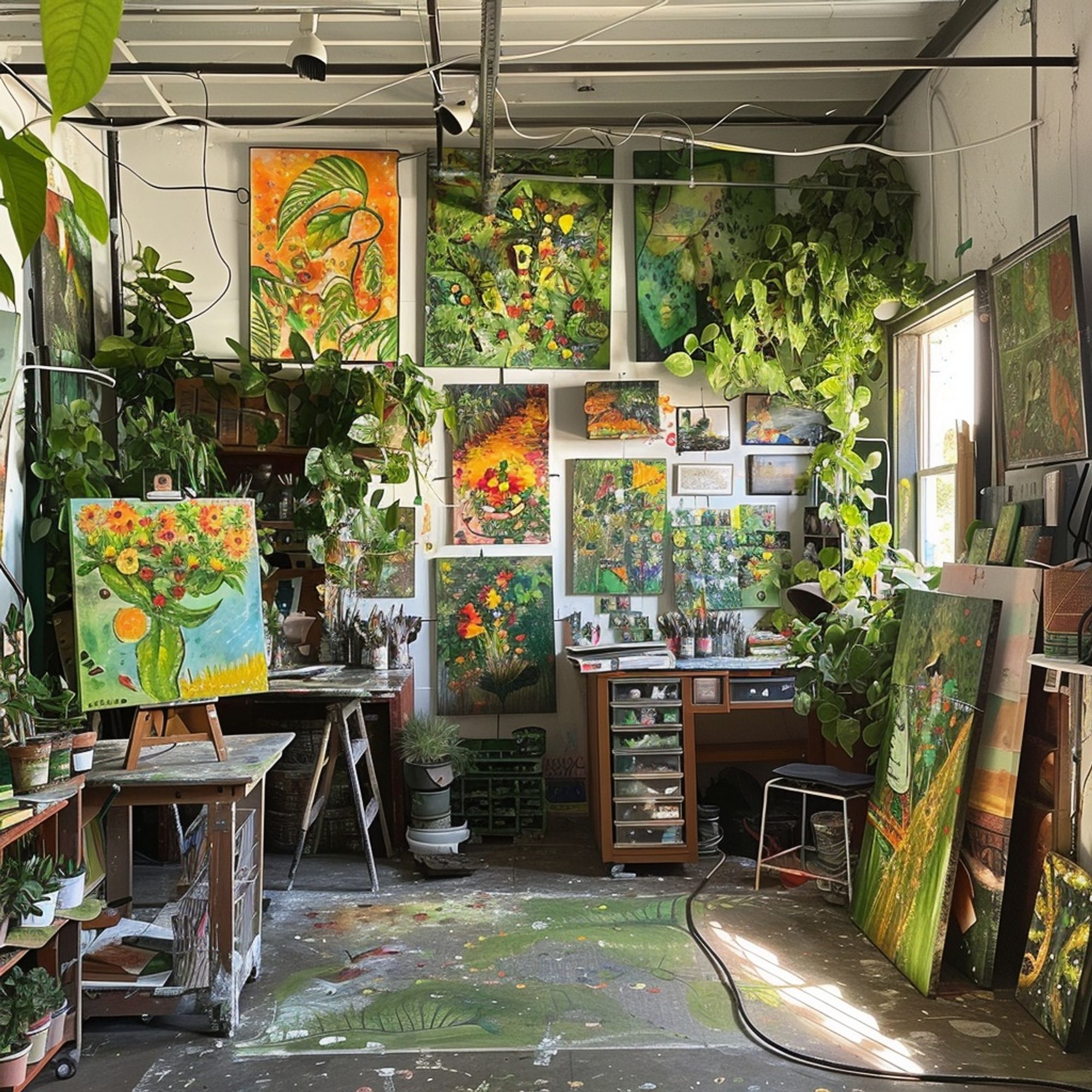 Art studio with many plants and paintings of climate change symbols