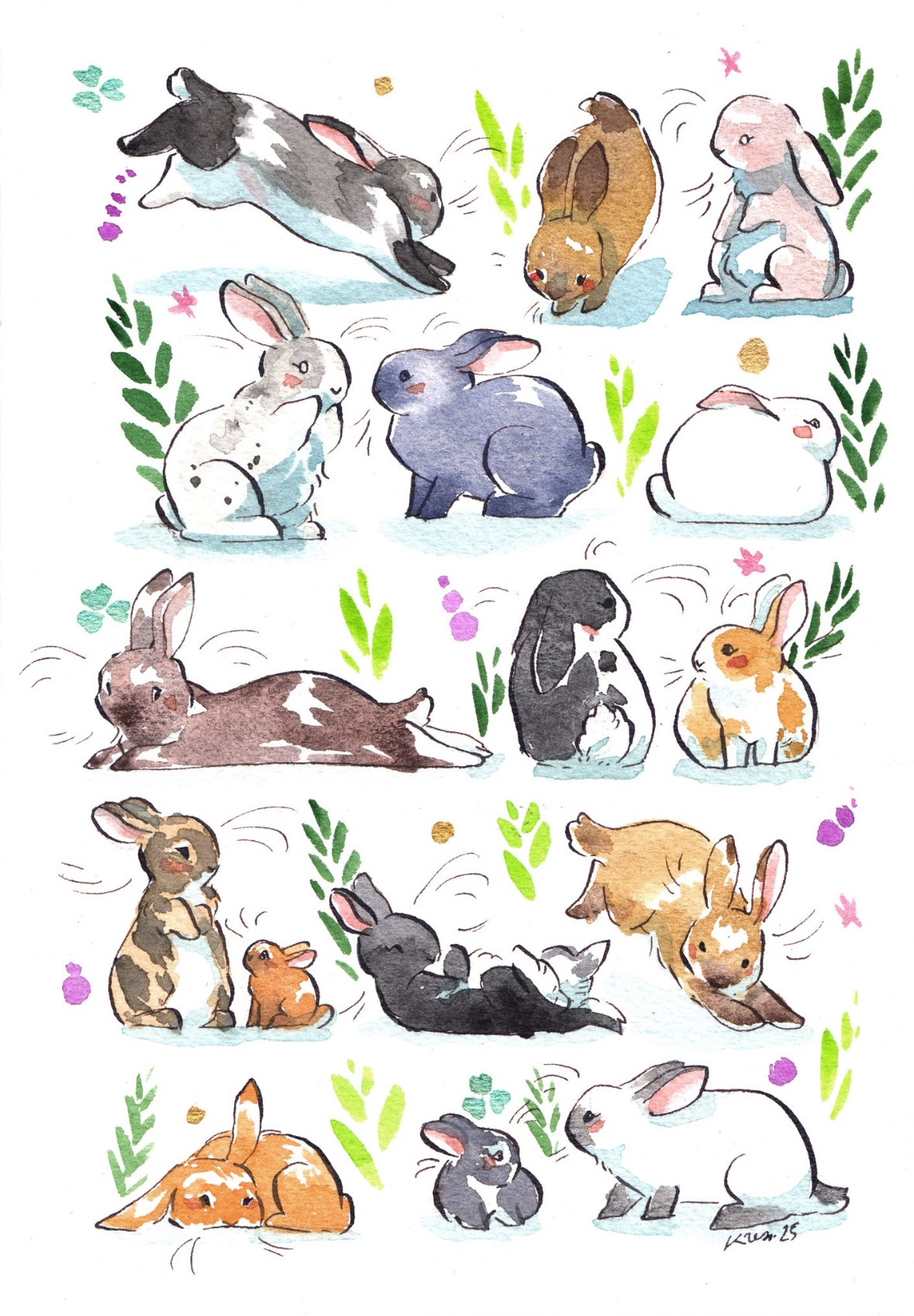 16 bunnies watercolor painting 