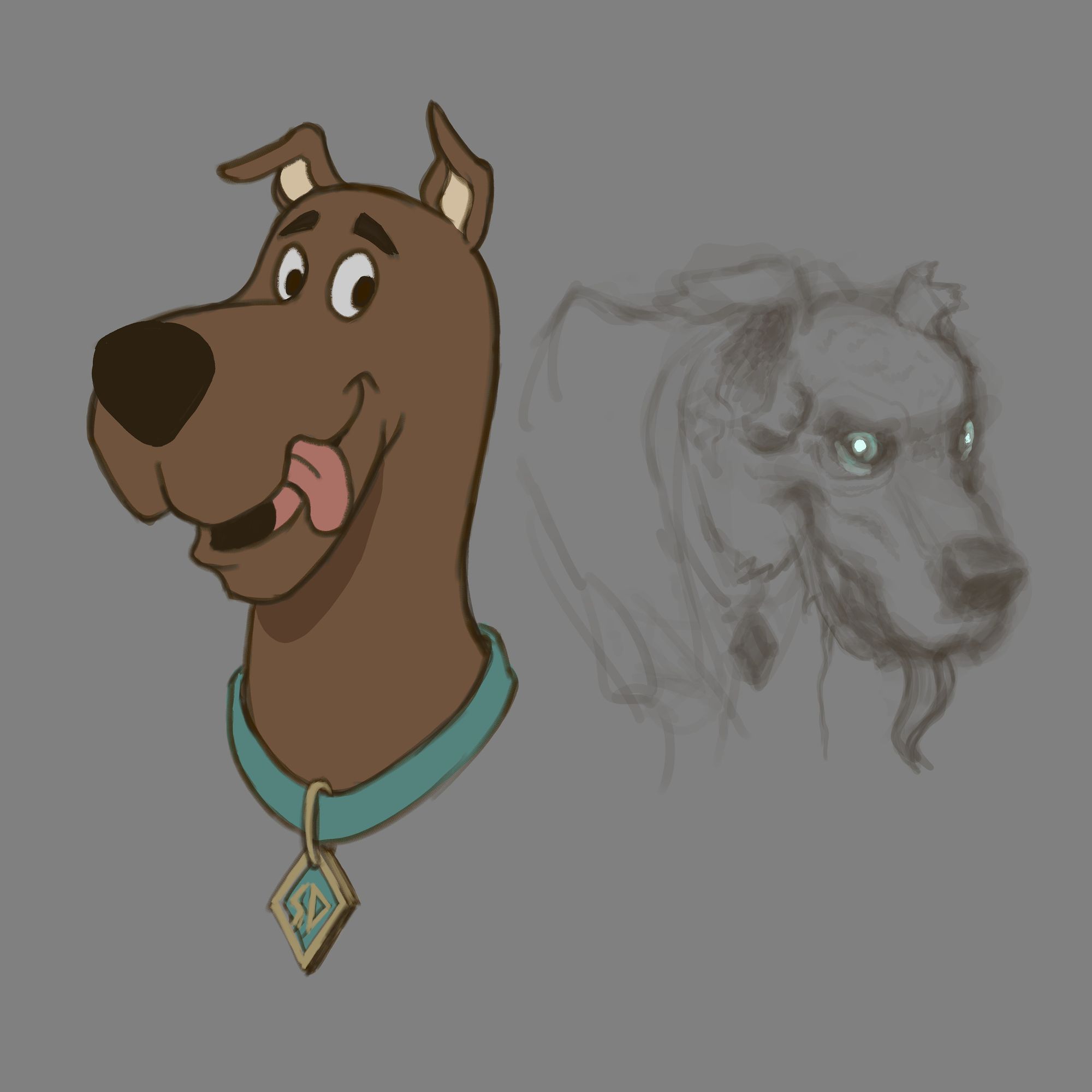 A portrait of Scooby Doo and a sketch of a spookier version of Scooby Doo. 🍦🐕‍🦺