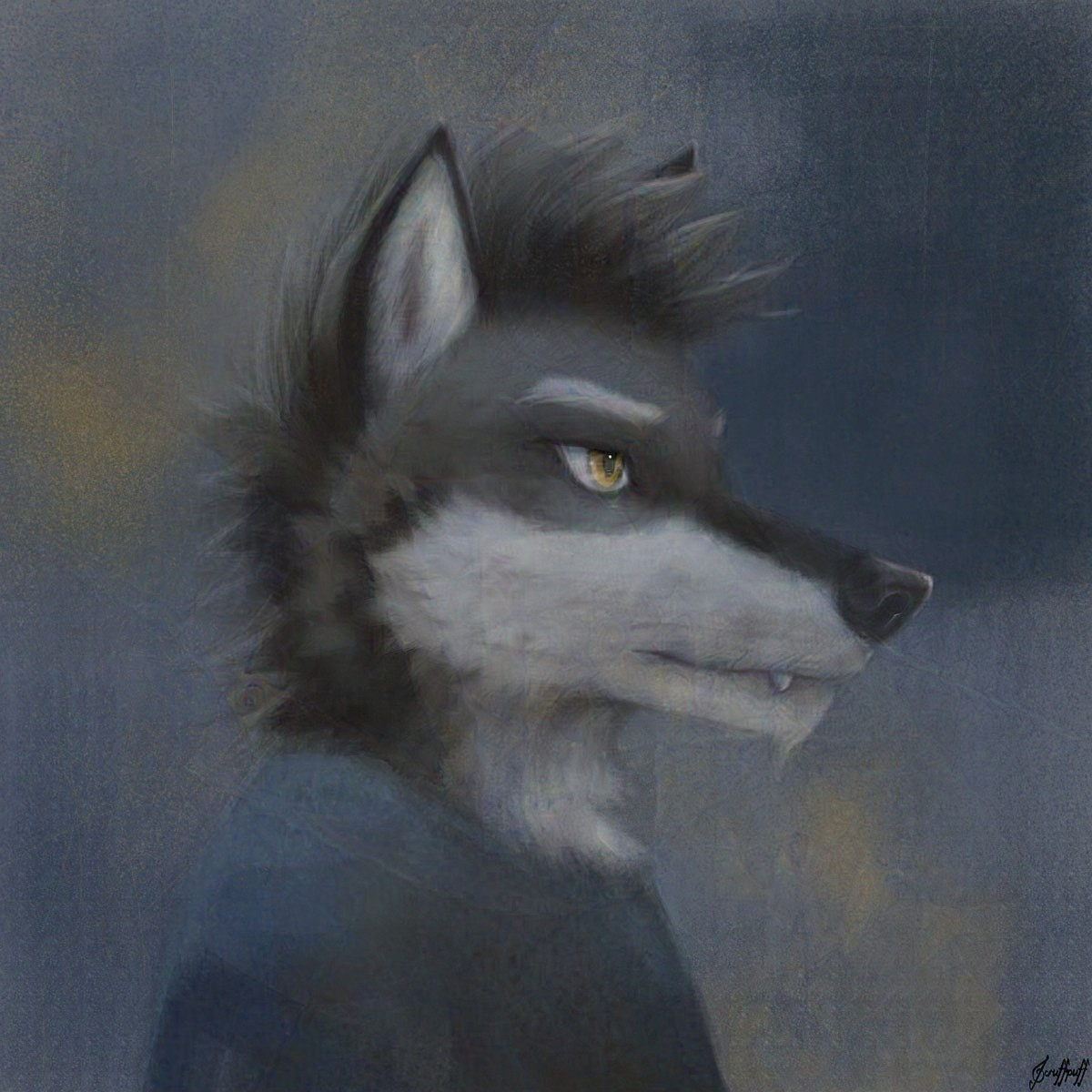 Painterly portrait of a black wolf with a blue shirt and cool background.