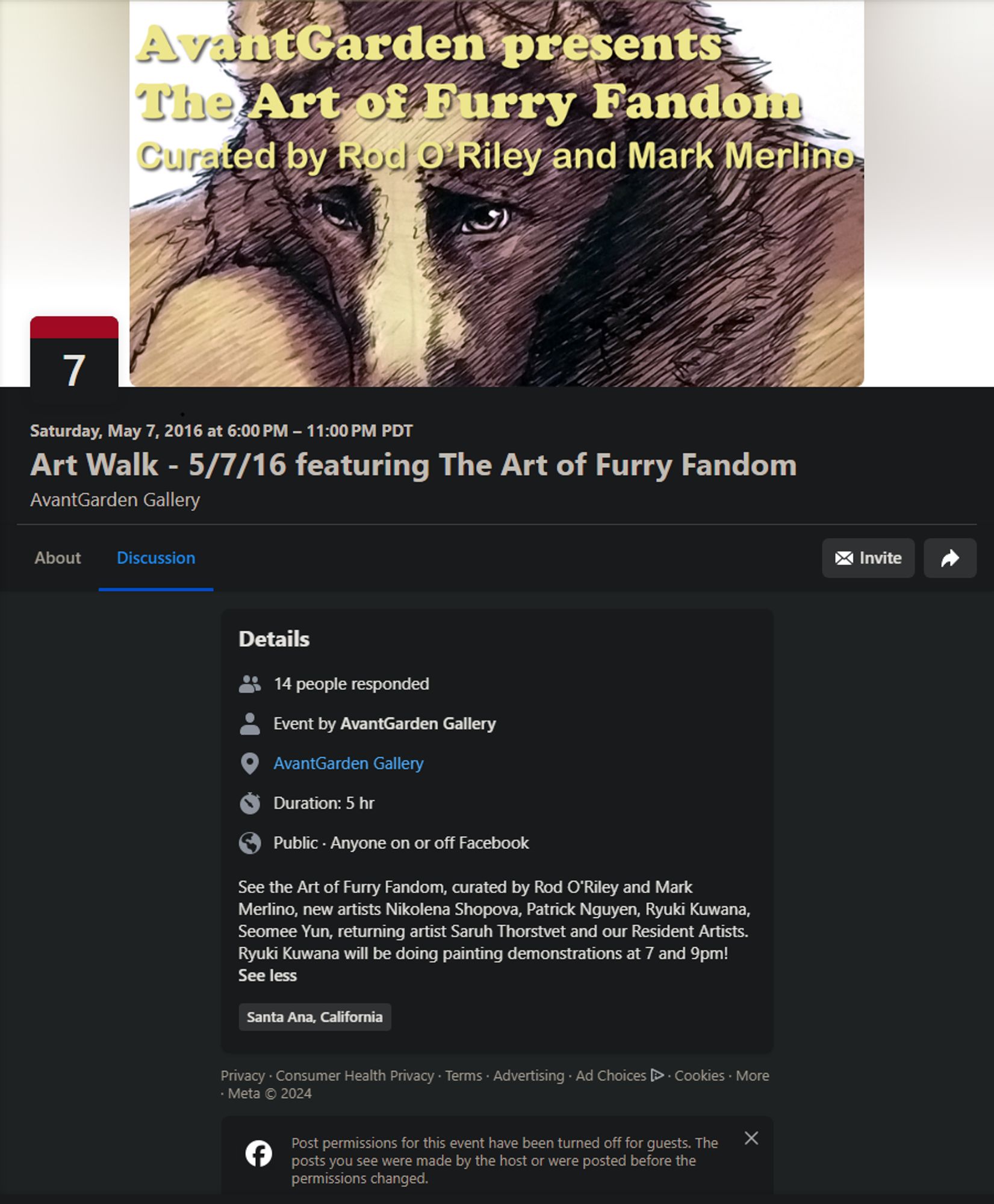 Screenshot of a Facebook Event page for "The Art of Furry Fandom" exhibit at the AvantGarden Gallery back in May of 2016. The header of the event features a cropped shot of one of my works with the text overlaying it saying: AvantGarden presents The Art of Furry Fandom Curated by Rod O'Riley and Mark Merlino.