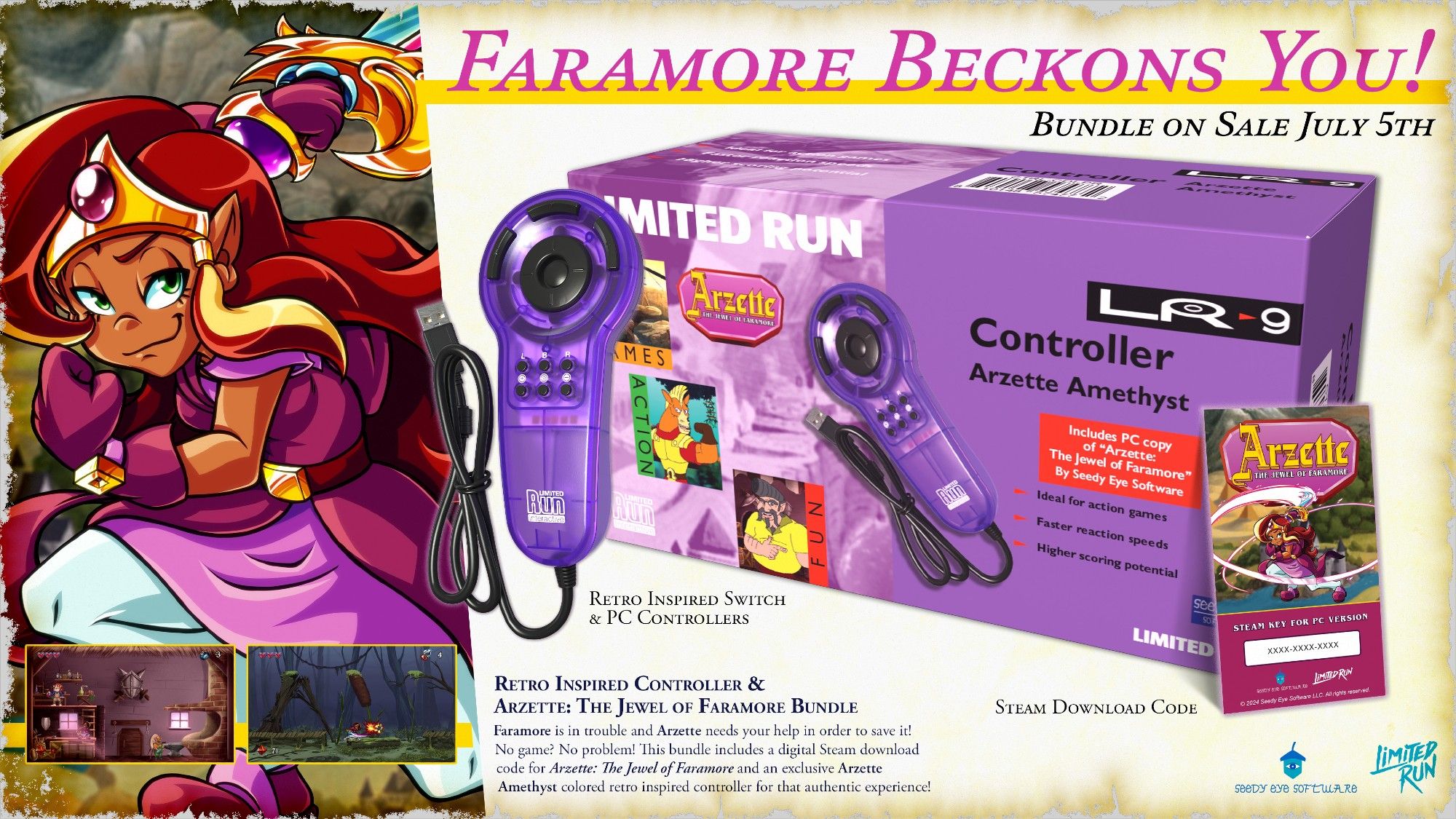 This image showcases the limited edition Arzette Amethyst retro-style controller from Limited Run Games! This boxed controller set contains a Steam download code for the video game Arzette: The Jewel of Faramore, and goes on sale July 5th.