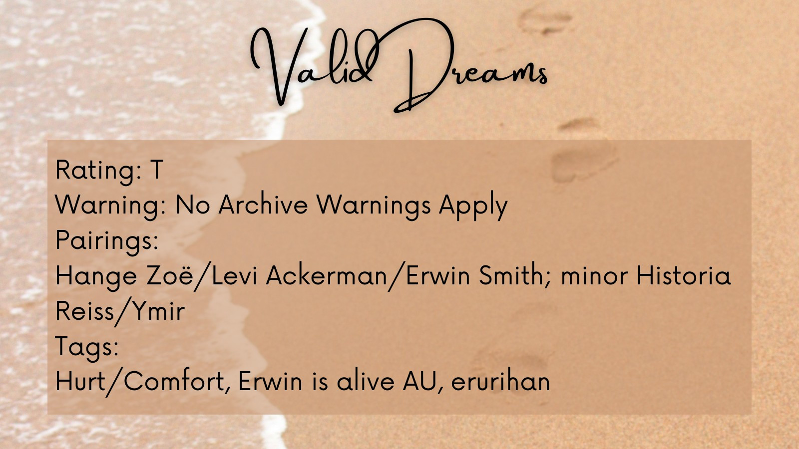 Valid Dreams tags
Rating: T
Warning: No Archive Warnings Apply
Pairings:
Hange Zoë/Levi Ackerman/Erwin Smith; minor Historia Reiss/Ymir
Tags:
Hurt/Comfort, Erwin is alive AU, erurihan