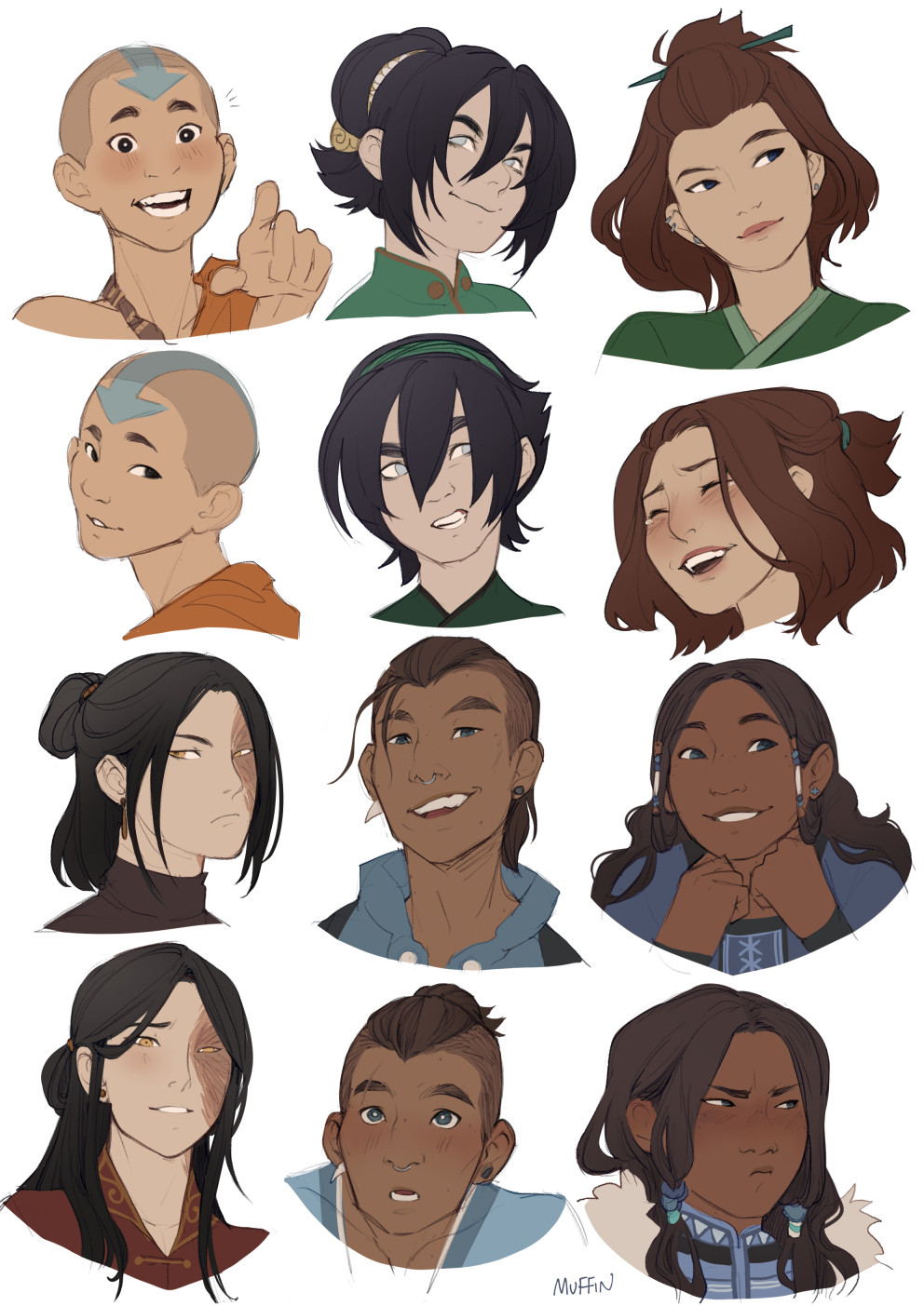 Page full of digitally drawn and coloured sketches of the Avatar the Last Airbender Gaang. There are 12 emotive headshot studies of Aang, Toph, Suki, Zuko, Sokka, and Katara with different expressions!