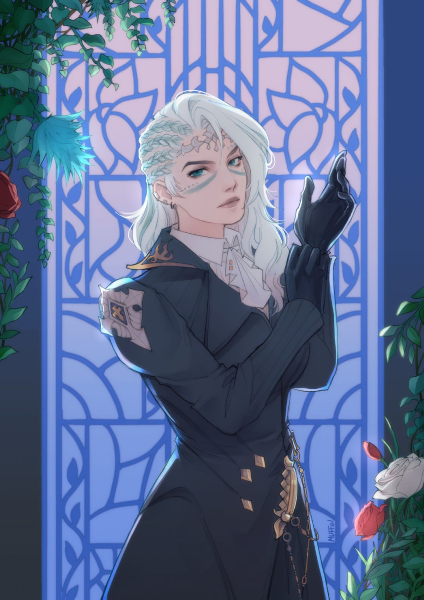 Digital drawing of a FFXIV hyur, turned to the right and looking directly at the viewer with a serious expression. They have white hair, teal eyes, and pale skin with blue facial markings. The character is wearing a long black coat and are in the middle of pulling on a pair of black leather gloves. They are standing in front of a tall gilded window, backlit with tones of washed out blue and pink, and framed by corners of vines and leafy white, red, and blue flowers.