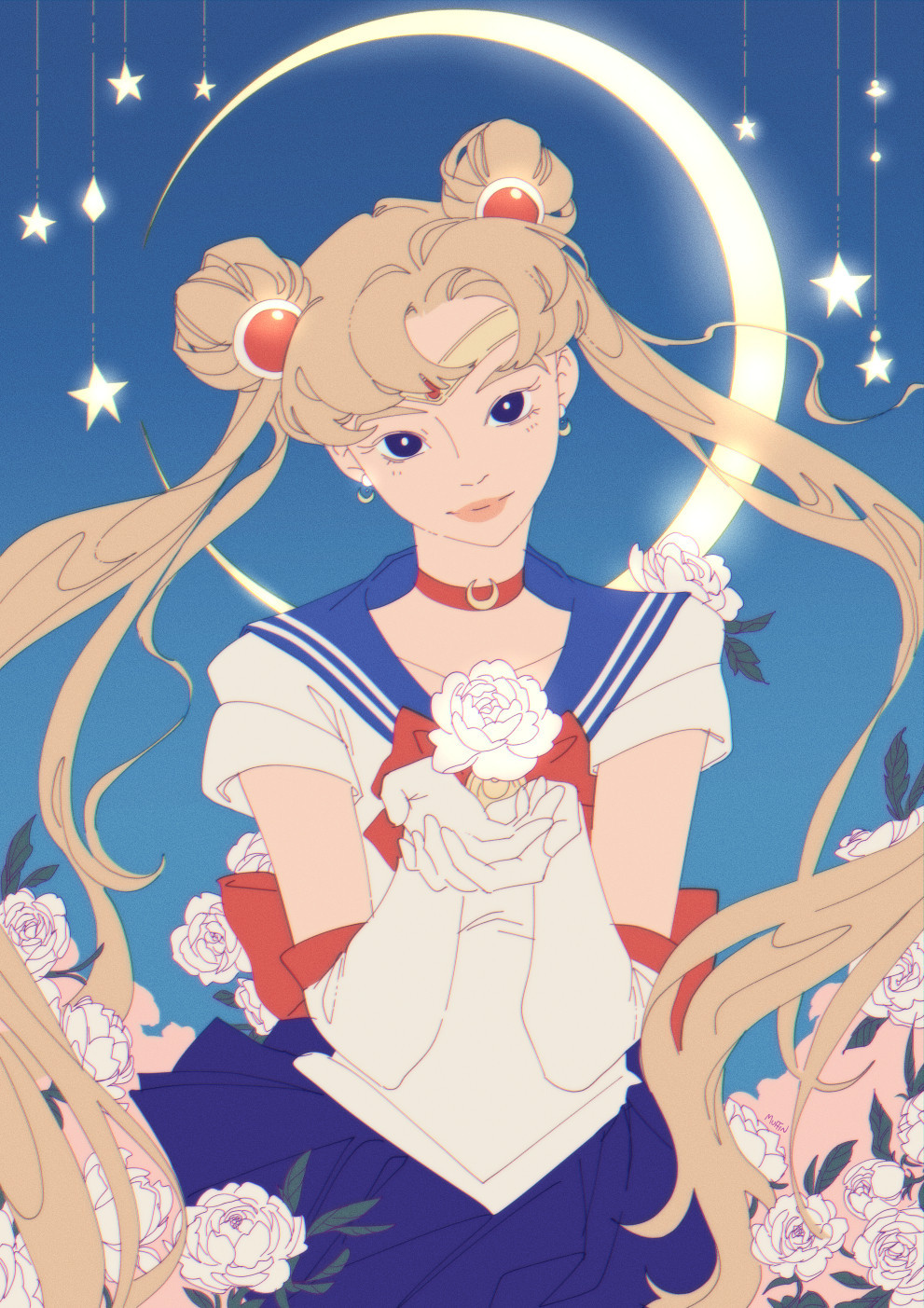 Fanart illustration of Usagi from Sailor Moon, drawn from the waist up against a blue gradient background. Glowing white stars hang from above and a thin crescent moon encircles her head. Usagi is wearing her iconic white, blue, and red sailor uniform and is facing the viewer, a pretty smile on her face with her head tipped slightly. She cups her hands as a fluffy white peony floats above it. Her twin tails whip out like rivers of water at either side, along with mountains of white and pink peonies surrounding her, framing the scene.