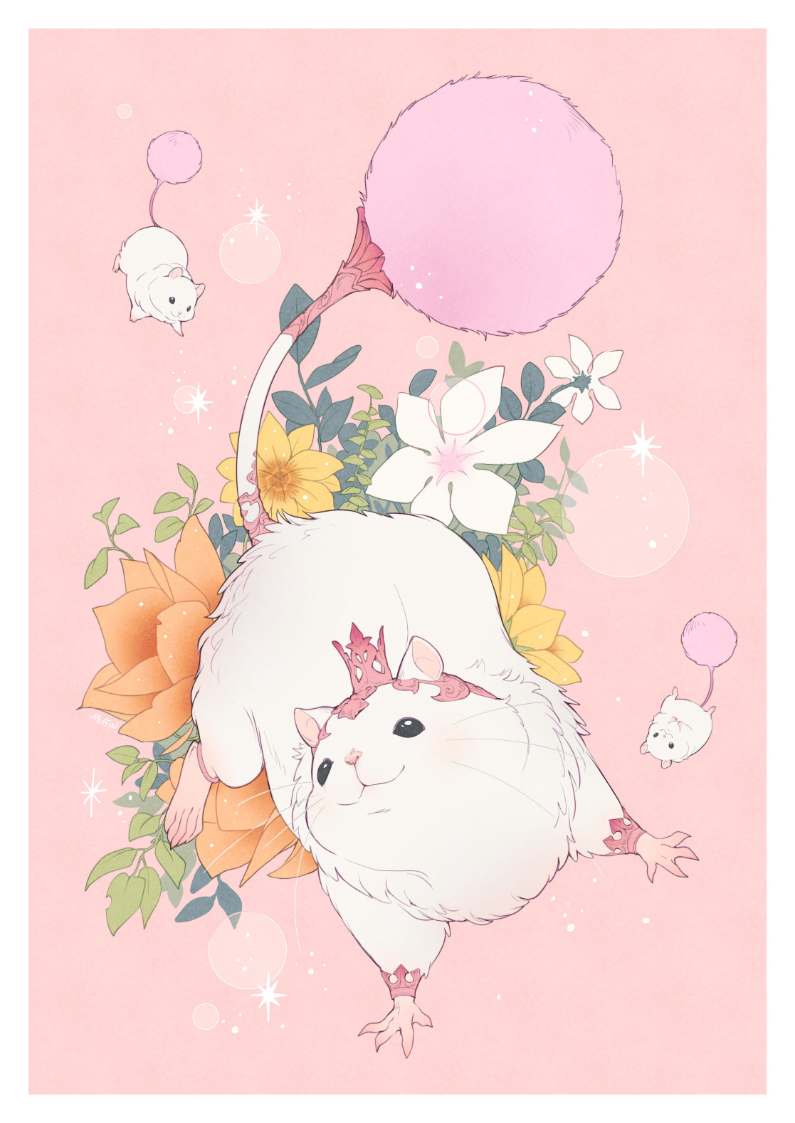 Digital illustration of the silkie mount from Final Fantasy XIV. A giant white hamster with a big pink puffball on the end of its long tail floats happily in the centre, while two smaller sponge silkies float at the top and bottom. Soap bubbles and sparkles surround them on a background of pink with an array of desert Thanalan flowers sprouting in the centre.