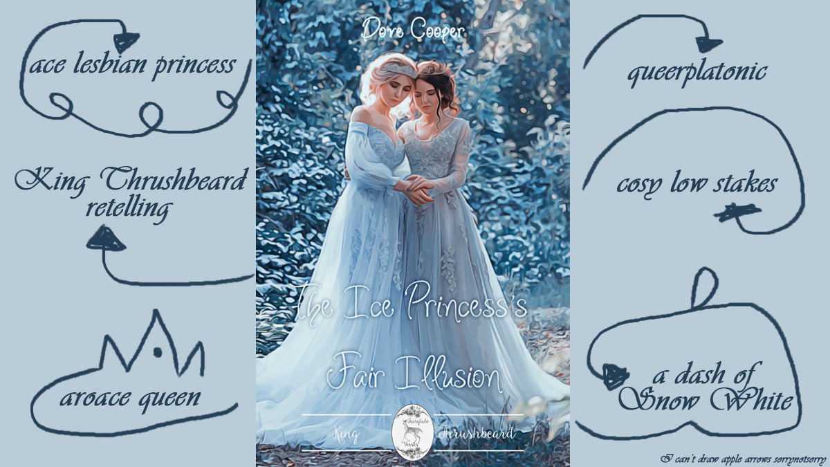 Promo for Dove Cooper's The Ice Princess's Fair Illusion. A novel in verse retelling of King Thrushbeard with an ace lesbian princess and an aroace queen. A central queerplatonic relationship with cosy low stakes. Also has a dash of Snow White relling.