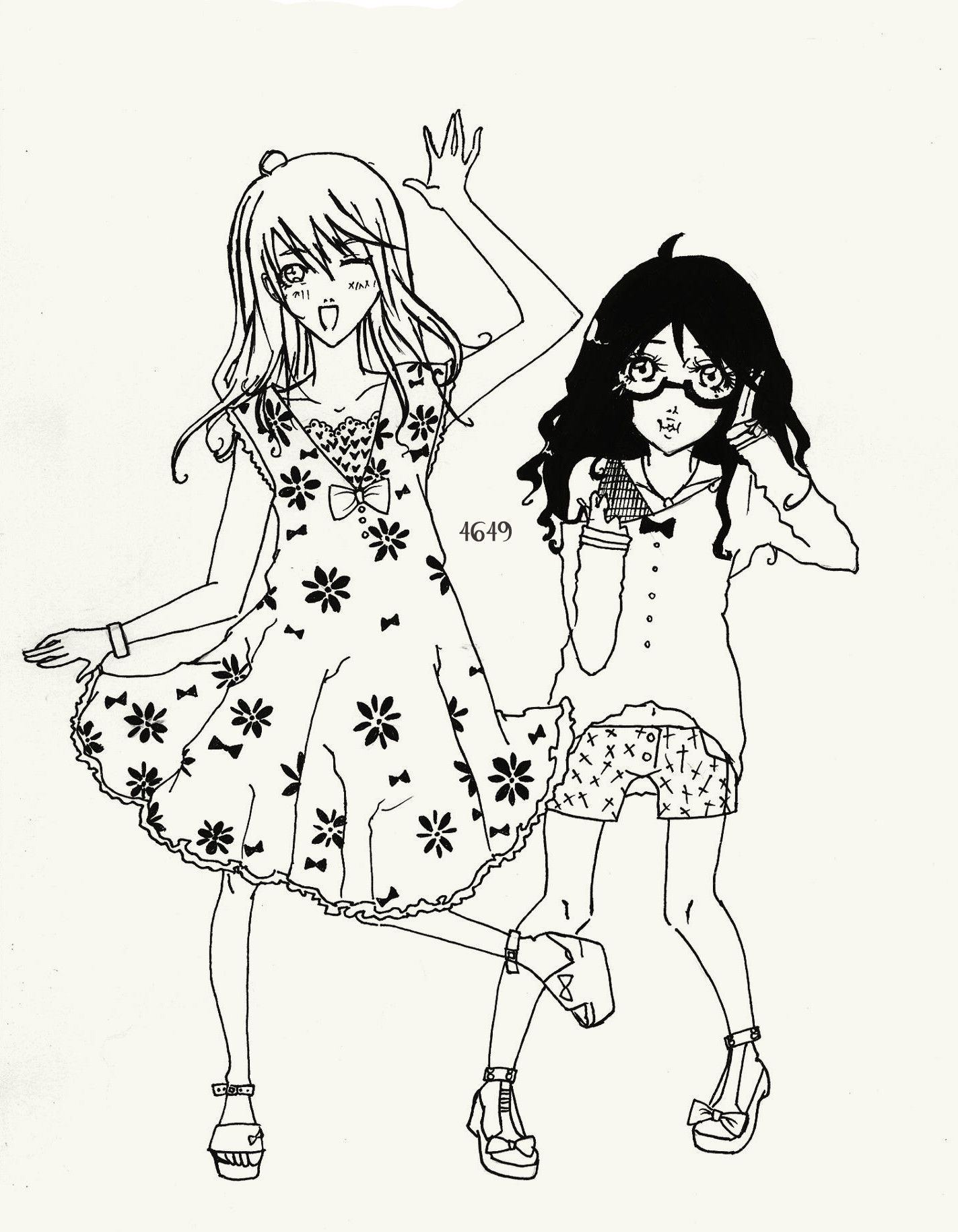 Drawing lineart in black ink of Two girl best friends posing cute to the camera. the one to the left wears a floral summer dress, the one of the right has black glasses, a top with a bow and shorts with cross patterns doing the peace sign.