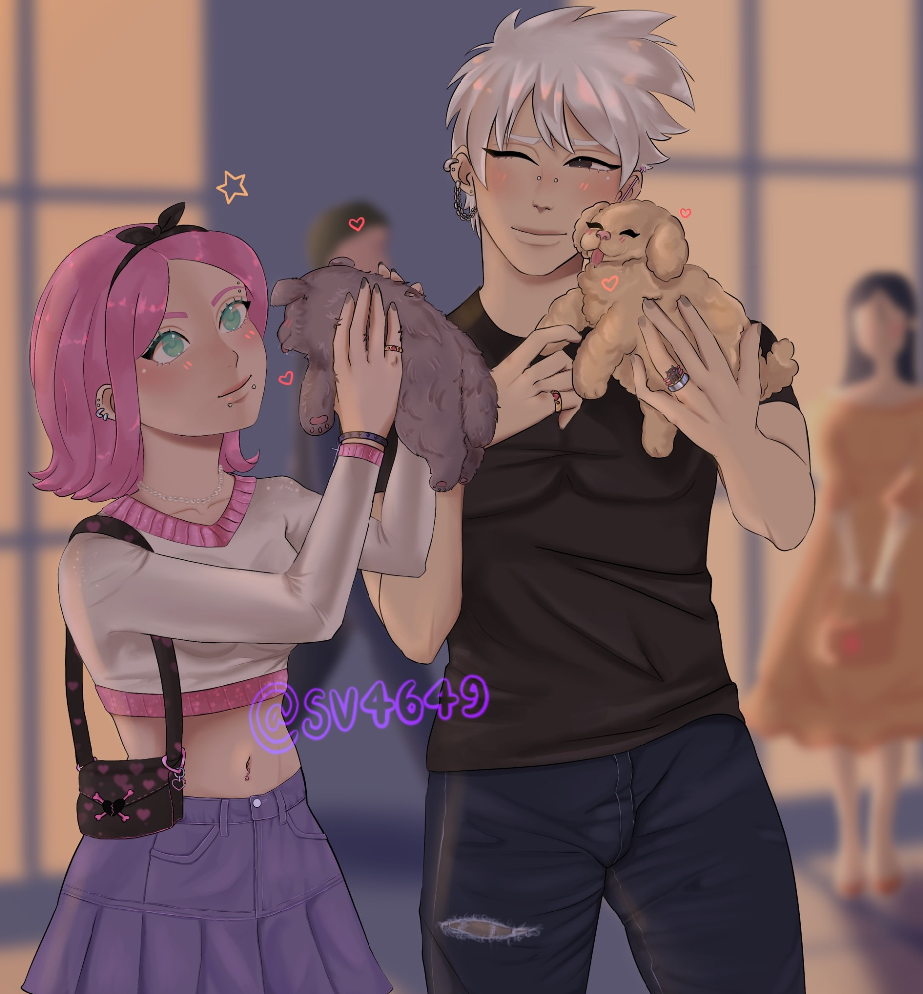 Kakashi and Sakura in a date, they're a happy emo couple in 2008. Sakura has piercings on ear and lower lips, holding a dark-brown puppy. She Wears a white and pink top and a denim skirt.

Kakashi holds a golden and fluffy puppy, his nails have black polish. Wears a black t-shirt and dark-blue denim pants. He has piercings on ears and the vridge of the nose.