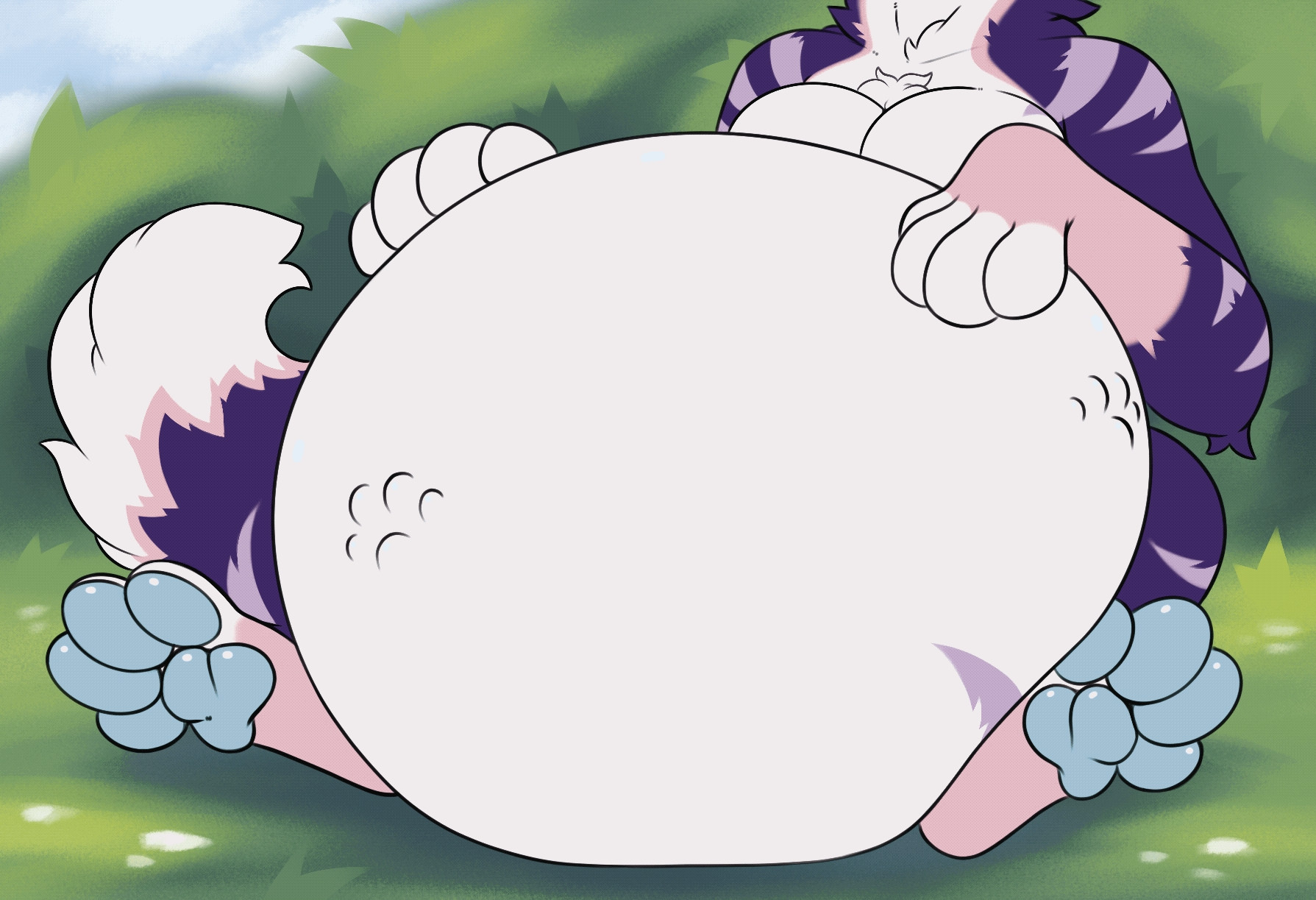 Animation of a big round belly being squished. Paw impressions can be seen pressing outside. 