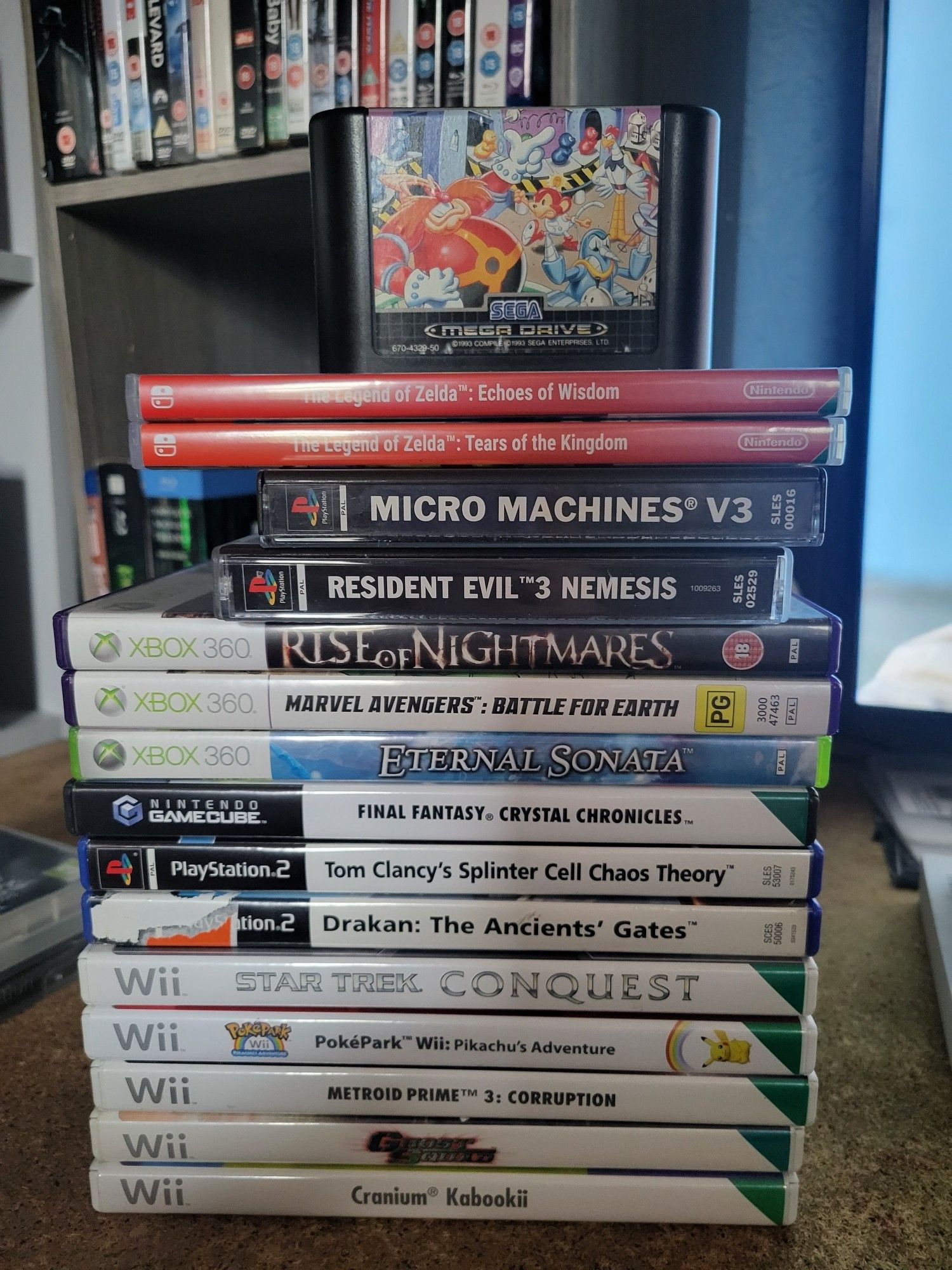 My pile of retro game finds:
- Dr Robotnik's Mean Bean Machine
- Zelda: Echoes of Wisdom
- Zelda: Tears of the Kingdom
- Micro Machines V3
- Resident Evil 3: Nemesis
- Avengers: Battle For Earth
- Rise of Nightmares
- Eternal Sonata
- Final Fantasy: Crystal Chronicles
- Splinter Cell: Chaos Theory
- Drakan: The Ancients' Gates
- Star Trek Conquest
- PokèPark: Pikachu's Adventures
- Metroid Prime 3
- Ghost Squad
- Cranium Kabookii