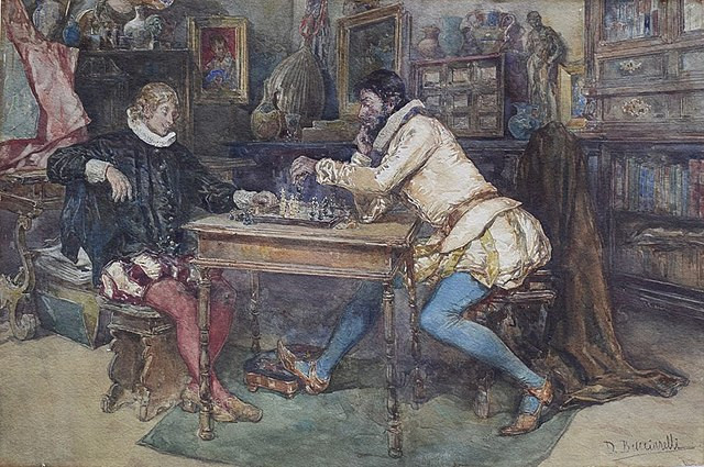 Two men in medieval dress playing chess.The Chess Game by Daniele Bucciarelli, Ottocento Art Gallery, Rome. Public Domain via Wikimedia Commons
snippet from Empire's Exile (c) Marian L Thorpe