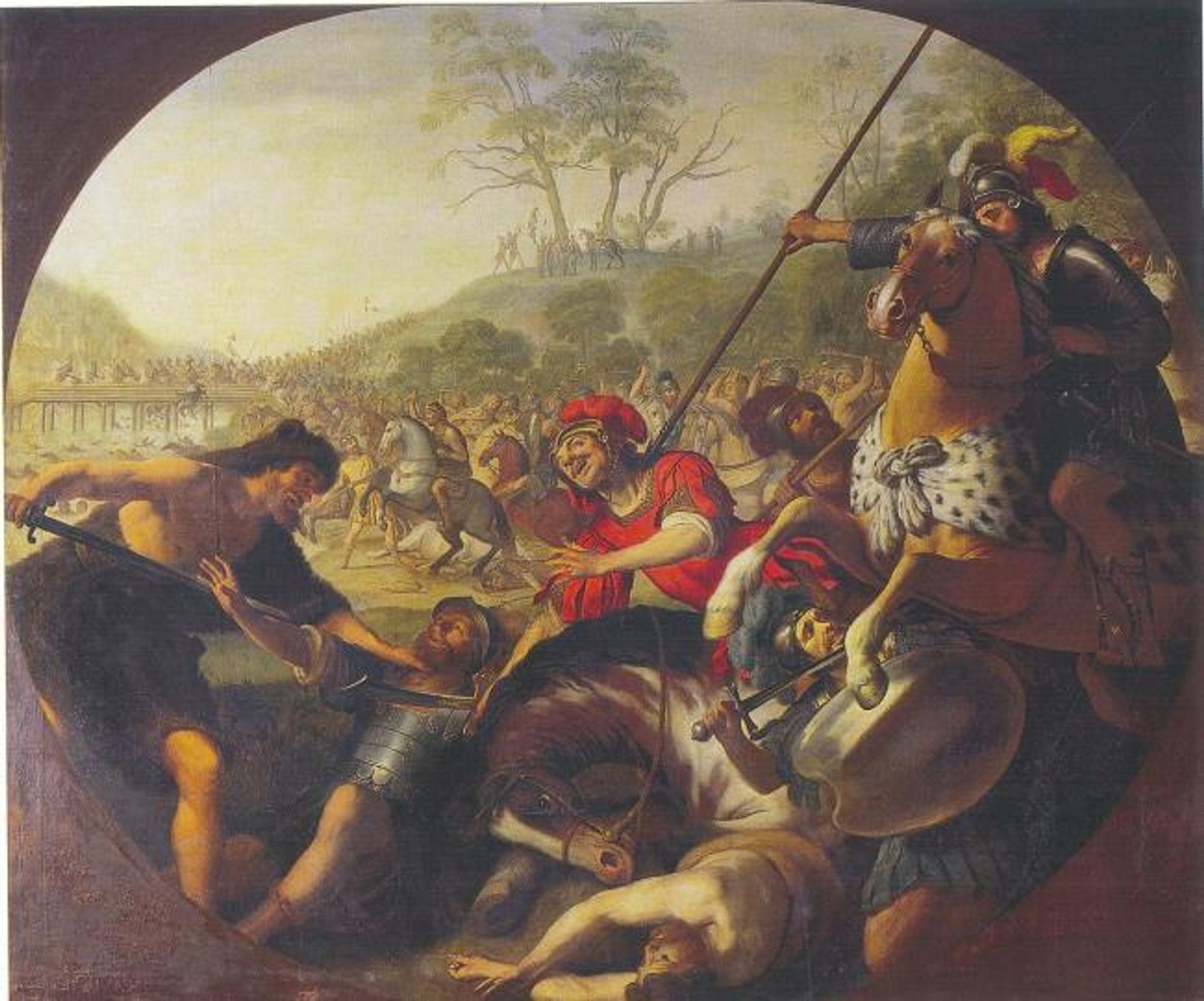 Roman soldiers fighting skin-clad tribesman. Painting titled: Battle at a bridge - close fight between the Cimbri and the Romans. Gerard van Honthorst, c 1640, Public domain, via Wikimedia Commons

snippet from Empress & Soldier, (c) Marian L Thorpe