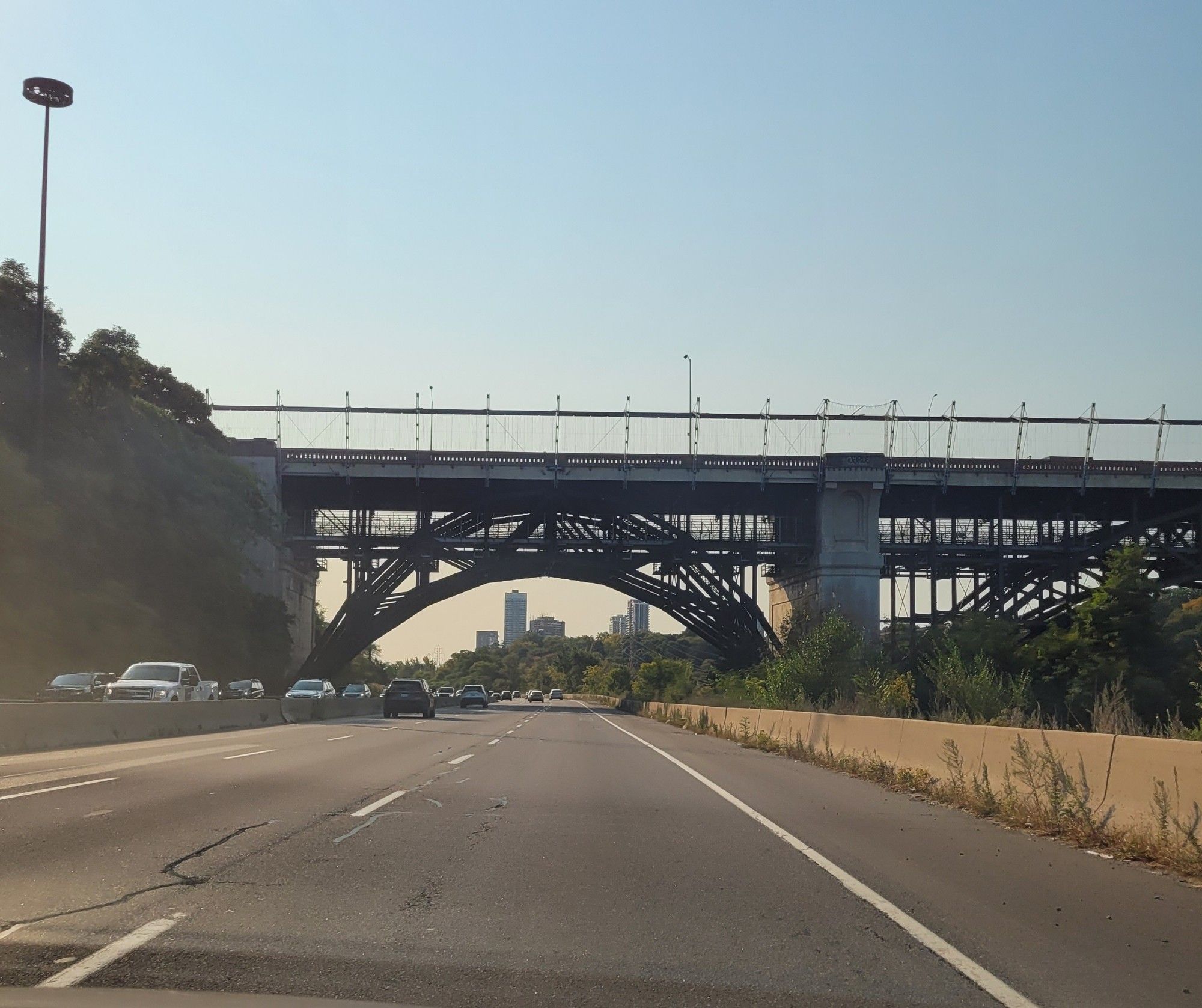 The Bloor Viaduct as seen from the Don Valley Parkway. The subway can sometimes be seen crossing the bridge on the lower level.