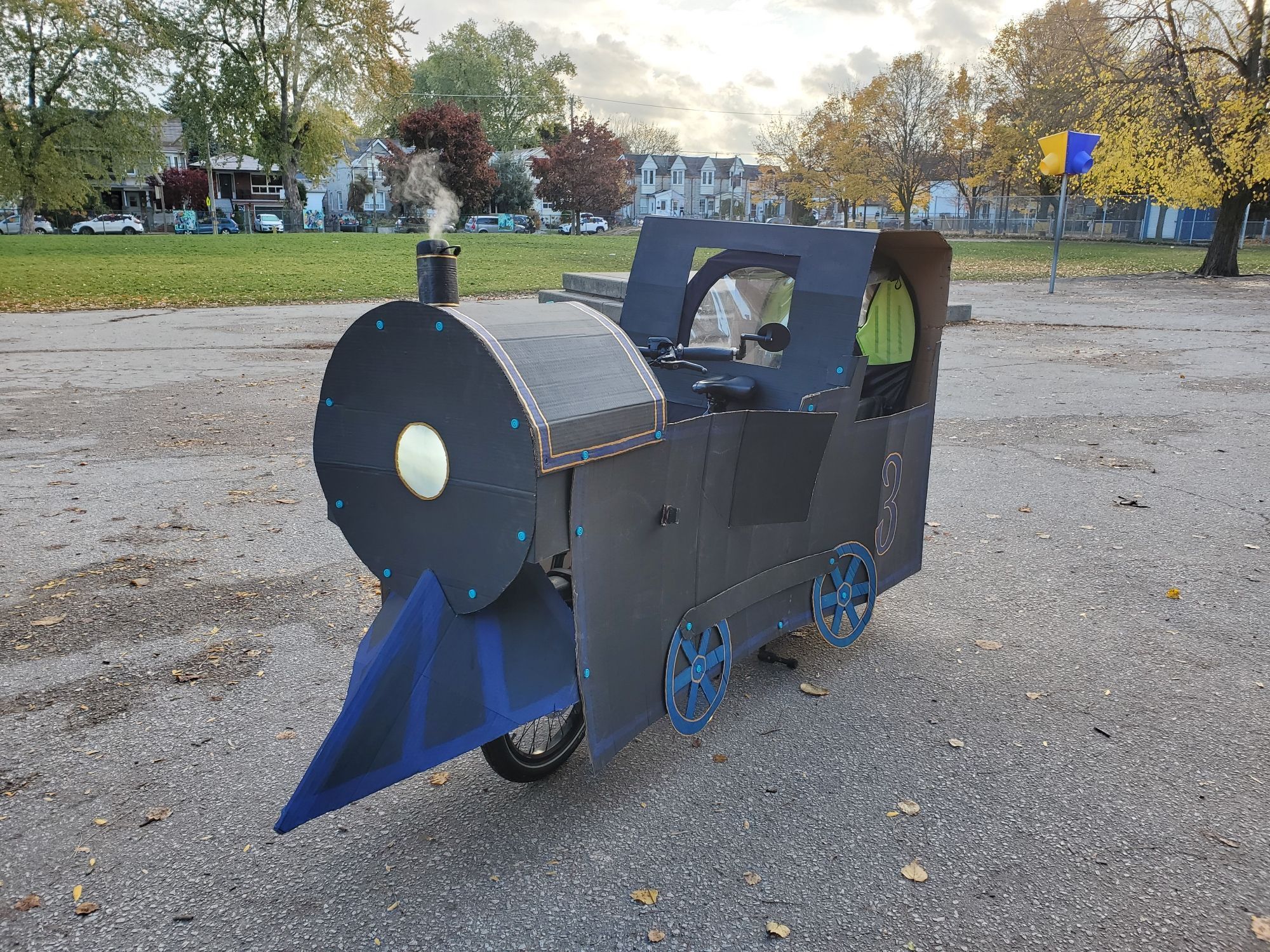 Our cargo bike decorated with cardboard to look like a steam train