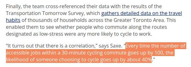 Finally, the team cross-referenced their data with the results of the Transportation Tomorrow Survey, which gathers detailed data on the travel habits of thousands of households across the Greater Toronto Area. This enabled them to see whether people who commute along the routes designated as low-stress were any more likely to cycle to work.

“It turns out that there is a correlation,” says Saxe. “Every time the number of accessible jobs within a 30-minute cycling commute goes up by 100, the likelihood of someone choosing to cycle goes up by about 40%.”