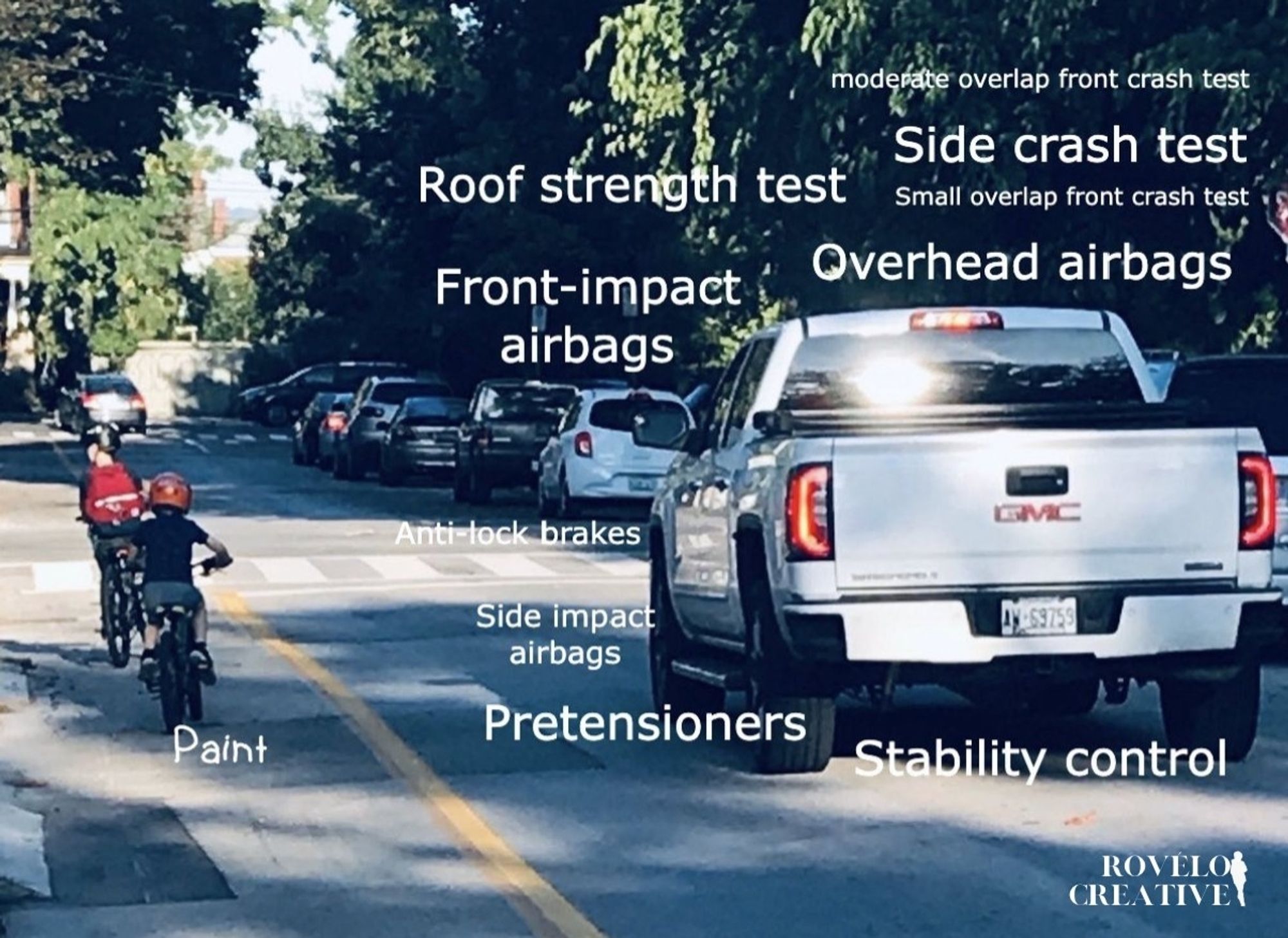 A photo by Tom Flood (Rovelo Creative) of two kids biking in a painted bike lane beside a pickup truck. The pickup truck has words written around it describing its safety features such as "roof strength test", "airbags", "side crash test", "anti-lock brakes", "pretensioners", "stability control". Beside the kids is one word: "paint"