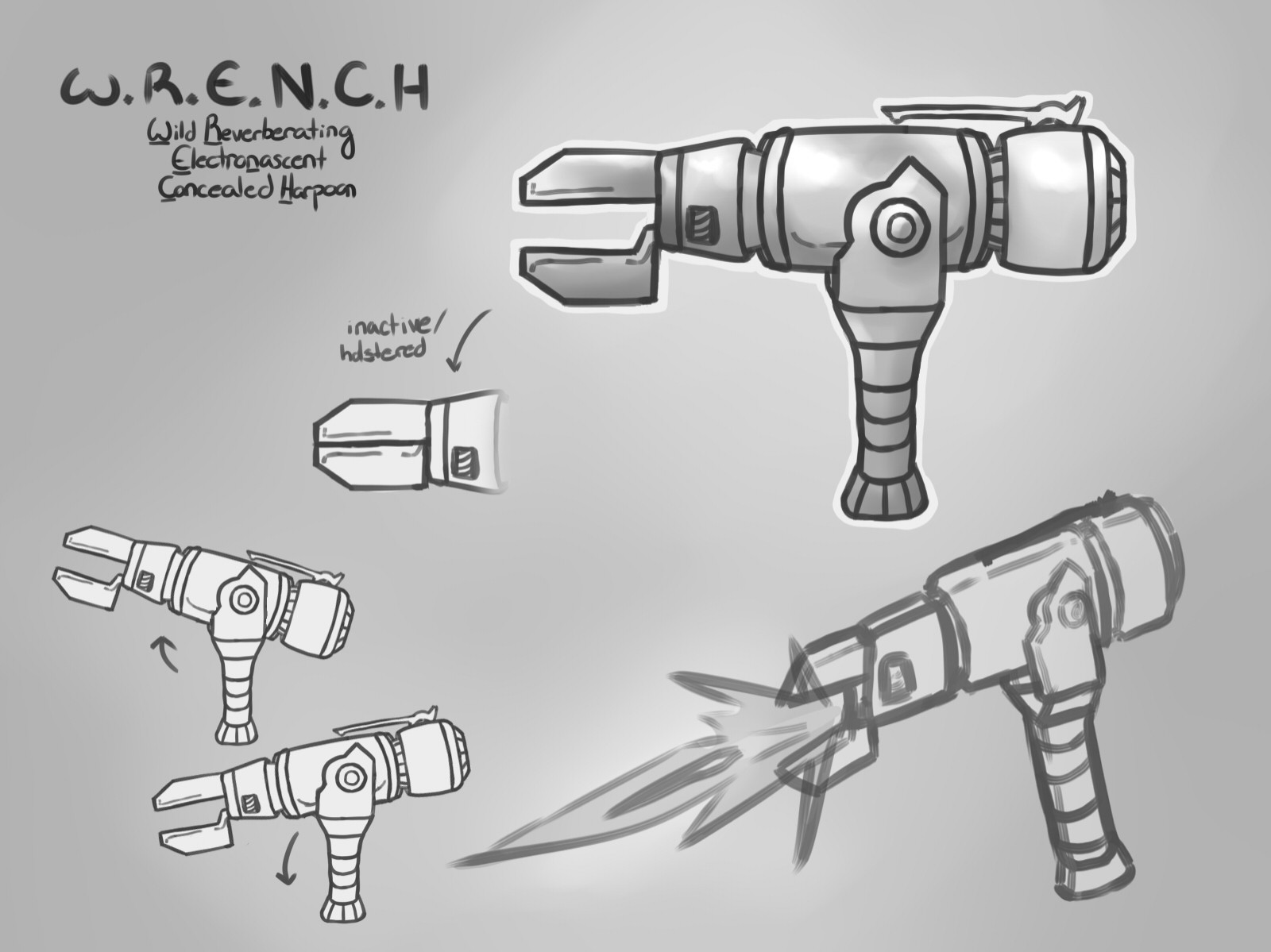 Digital grayscale concept sketches for a magical gun modeled off of a harpoon cannon. At the mouth of the gun is a the head of a monkey wrench. The sketches show how the gun's mouth closes, how the gun tilts up and down, and how the gun shoots. In the top left, text says, "W. R. E. N. C. H. Wild Reverberating Electronascent Concealed Harpoon".