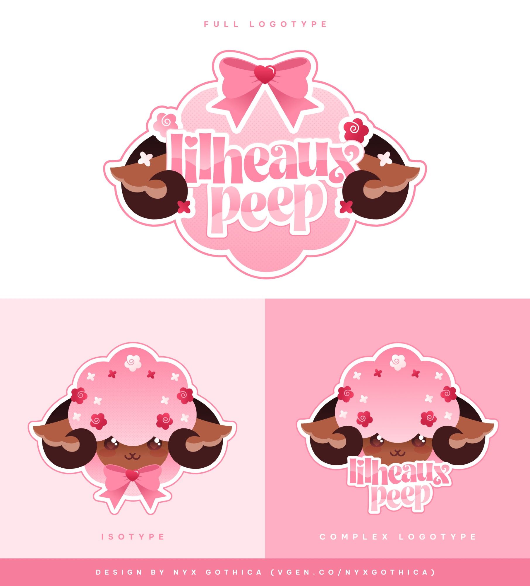 Logo for a pink sheep VTuber, the text says 'lilheauxpeep' and a soft, bouncy font in pink. The mascot is a cute sheep with big brown eyes, brown skin and pink fluff. It has dark horns and brown fluffy ears. Its fluff is decorated by pink and white flowers.