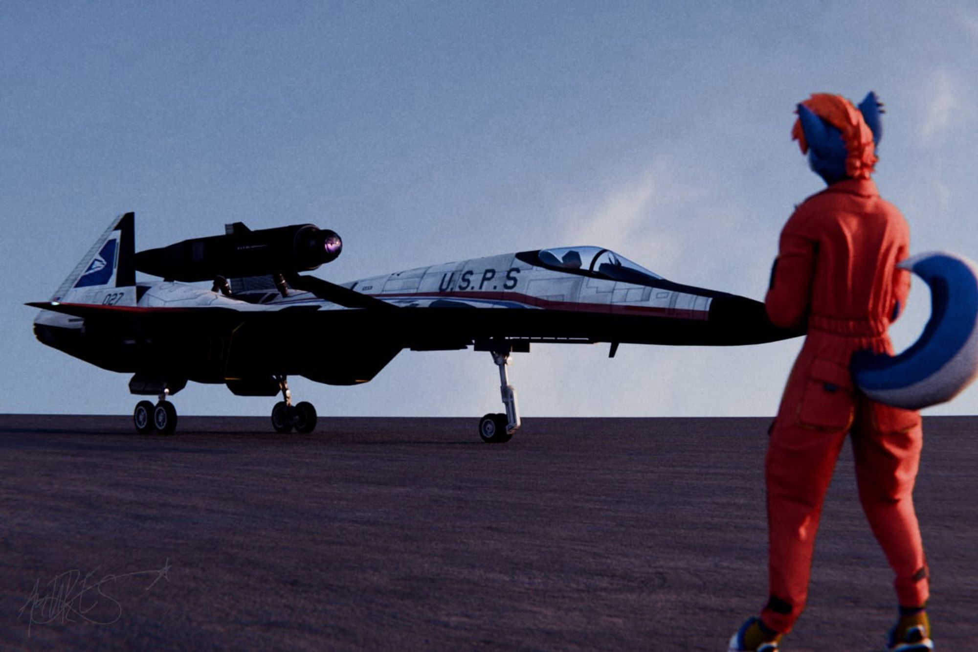 a render of antares in front of the xdf-01 morgan plane from ace combat, with the usps livery