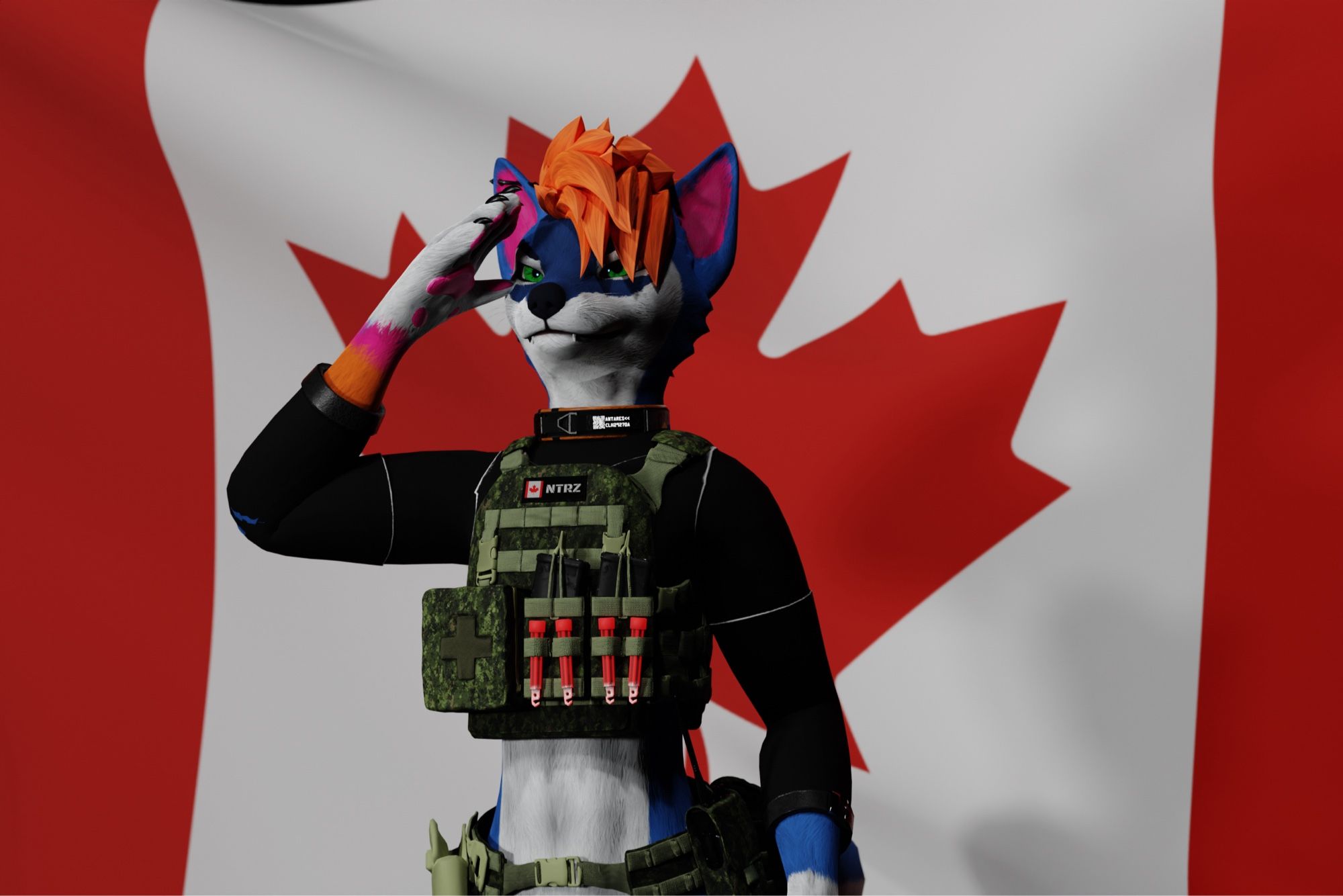 a render of antares saluting in front of the Canada flag