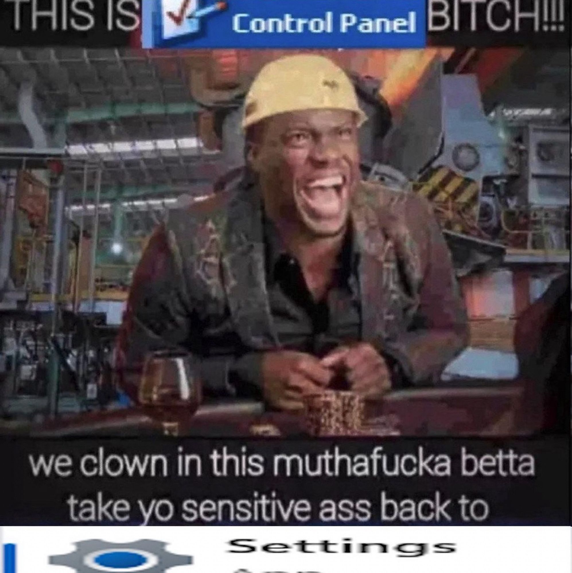 Meme of Kevin Hart in a hard hat playing (poker?) inside a factory(?):

THIS IS
Control Panel BITCH!!!
we clown in this muthafucka betta take yo sensitive ass back to
Settings