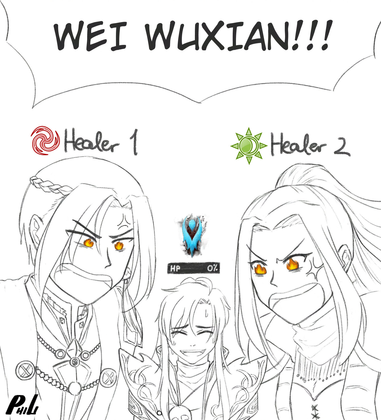 MDZS GW2 AU. Jiang Cheng (Tempest heal build) and Wen Qing (Druid heal build) angrily yelling, "WEI WUXIAN!!!" Necromancer Wei Wuxian is smiling sheepishly between them with HP 0%.