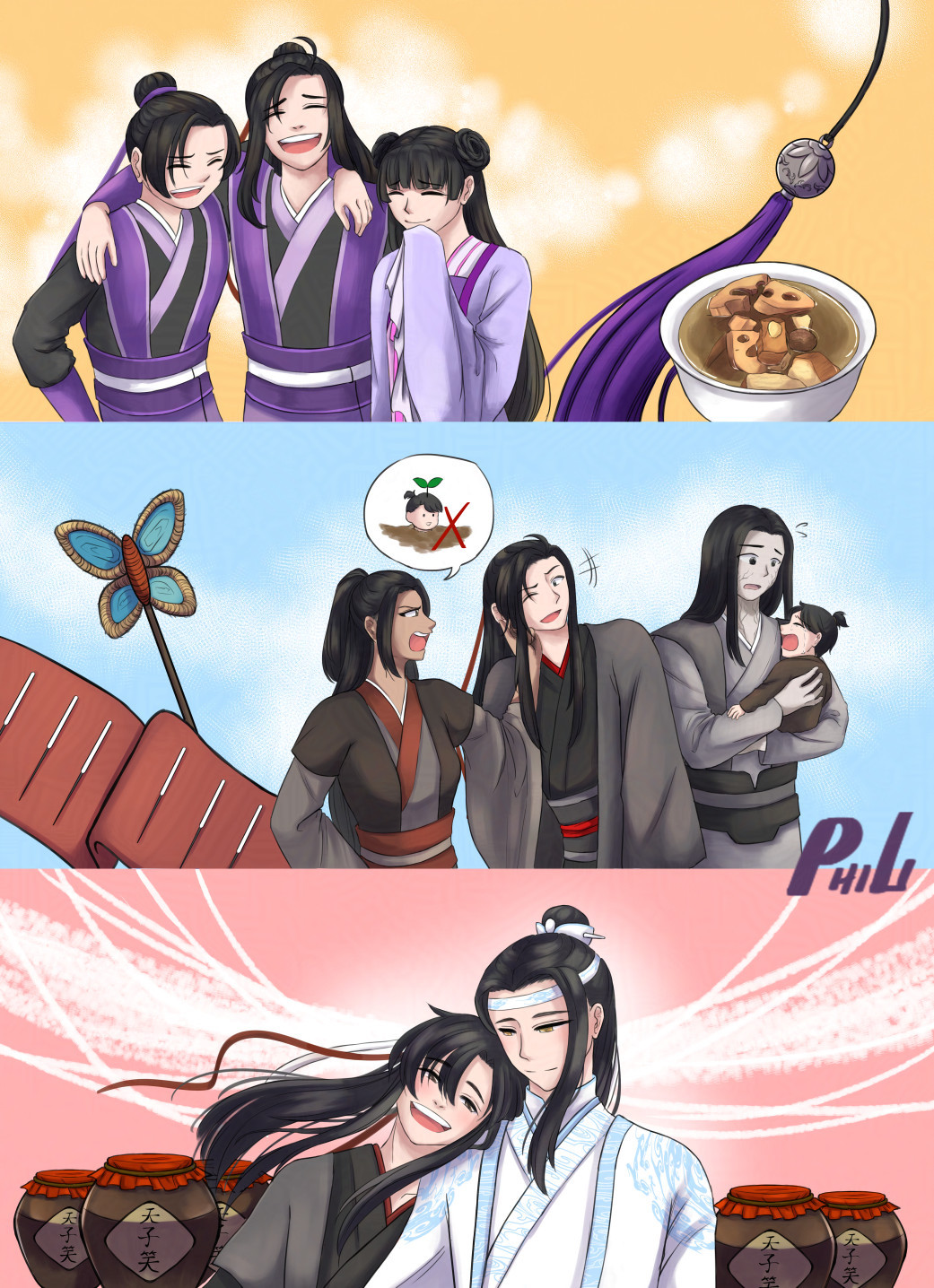 3-panel piece. 

Panel 1: On the left, Wei Wuxian laughing with Jiang Cheng and Jiang Yanli and on the right, the Jiang clarity bell and Jiang Yanli's lotus pork rib soup. 

Panel 2: On the right, Wen Qing pulling Wei Wuxian's ear and scolding him for burying A-Yuan in the ground. Wen Ning is comforting a crying A-Yuan. On the left is Wen Qing's acupuncture needles and A-Yuan's straw butterfly. 

Panel 3: Wei Wuxian leaning his head on Lan Wangji's shoulder. They're both smiling and behind them are jars of Emperor's Smile.