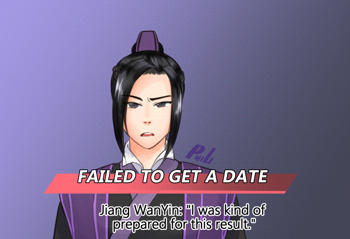 Jiang Cheng in a TV-show style screencap. He is captioned "Failed to get a date" and he says "I was kind of prepared for this result."