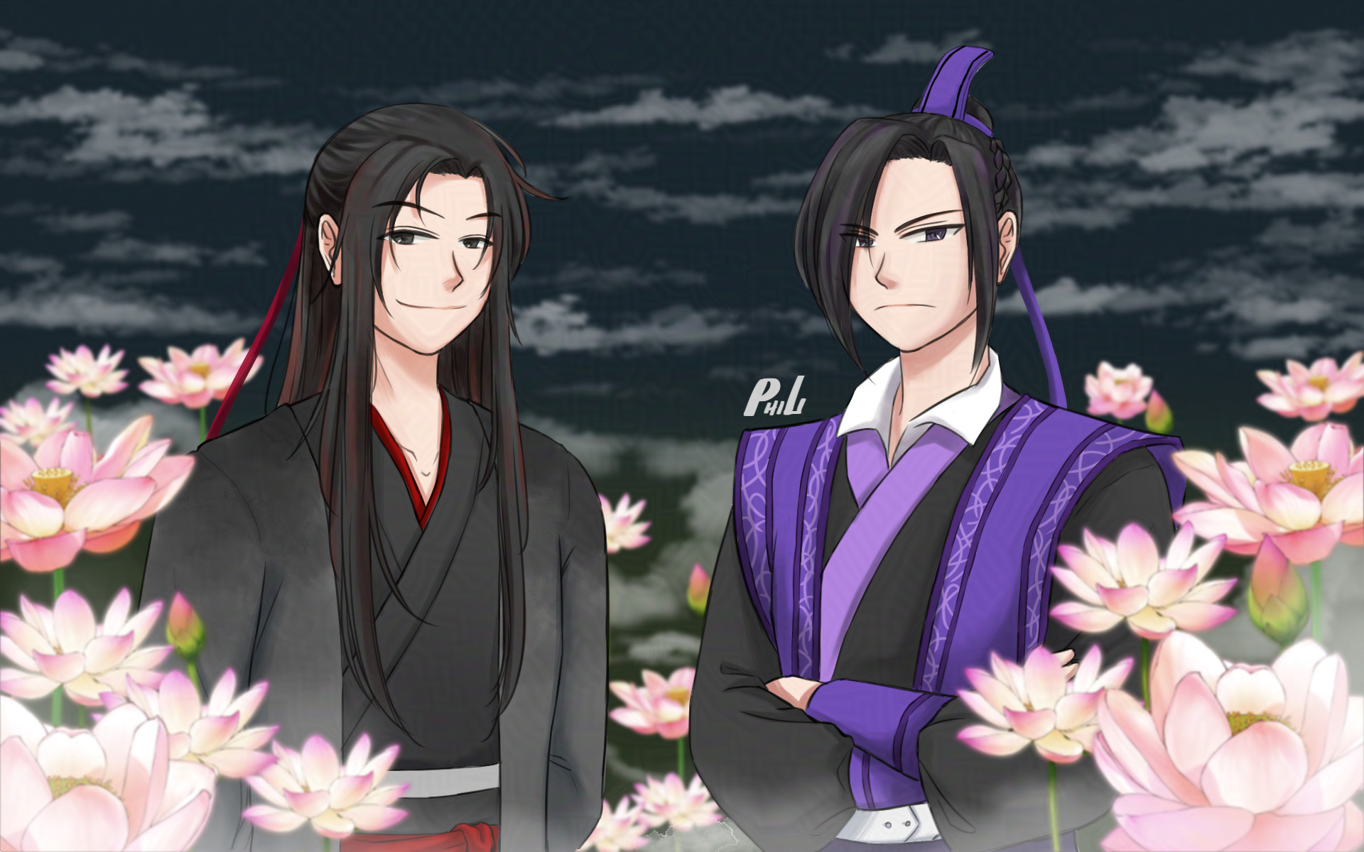 Yiling Laozu Wei Wuxian standing next to Sect Leader Jiang Wanyin surrounded by the lotuses of Lotus Pier