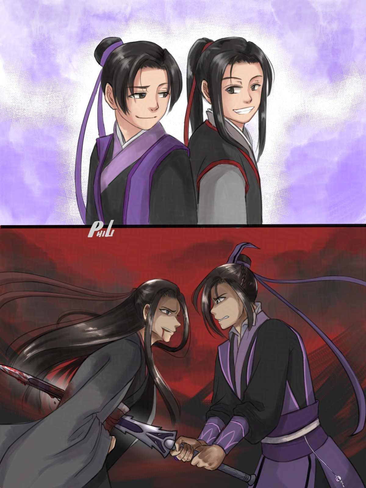 Two panel image. The top panel shows a younger version of Jiang Cheng and Wei Wuxian, standing back to back and smiling at each other. The bottom panel shows Jiang Cheng stabbing Wei Wuxian with Sandu when Wei Wuxian defected from YunmengJiang. 