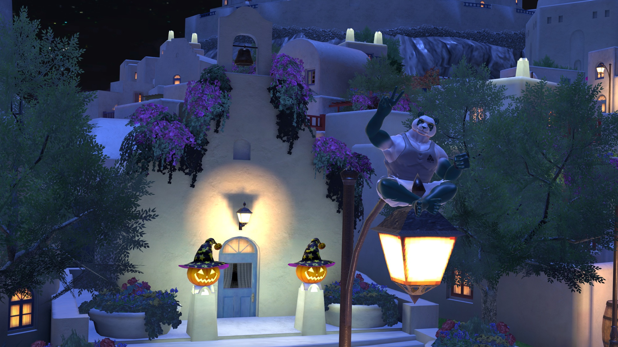 Buffed mint panda sitting on a lamp, interesting antique type of architecture on a background with alot of greenery and hint of halloween decor 