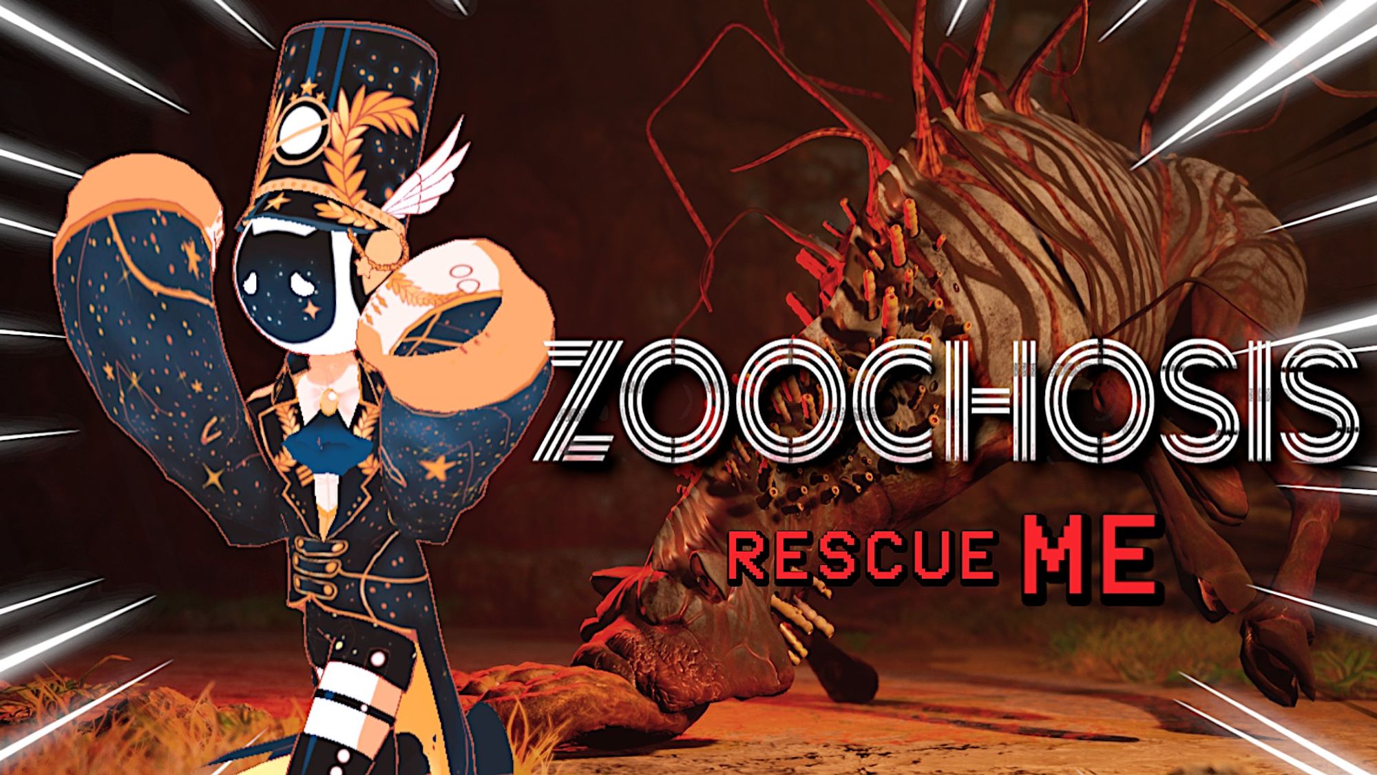 Text reads "Zoochosis: Rescue ME" and I am running away from a spooky zebra monster.