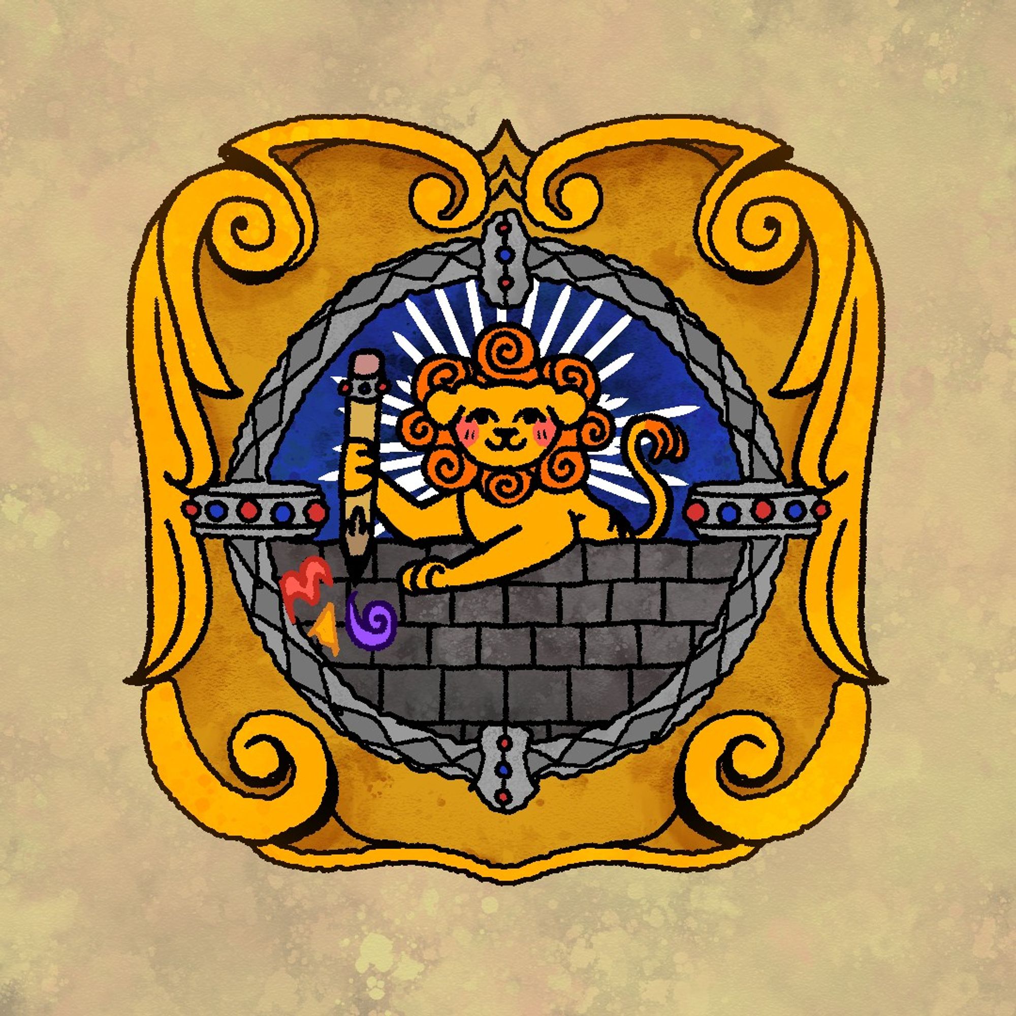 illustrated medieval crest with gold accents and our shop mascot, puplion in the center holding a magical pencil