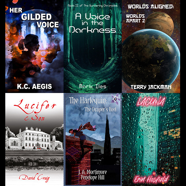 covers of six books being promoted by Elsewhen Press at launch events at Worldcon in Glasgow, Her Gilded Voice by K.C. Aegis, A Voice in the Darkness by Mark Iles, Worlds Aligned by Terry Jackman, Lucifer & Son by David Craig, The Harlequin: The Draper’s Reel by J.A. Mortimore and Penelope Hill, LACUNA by Erin Hosfield.