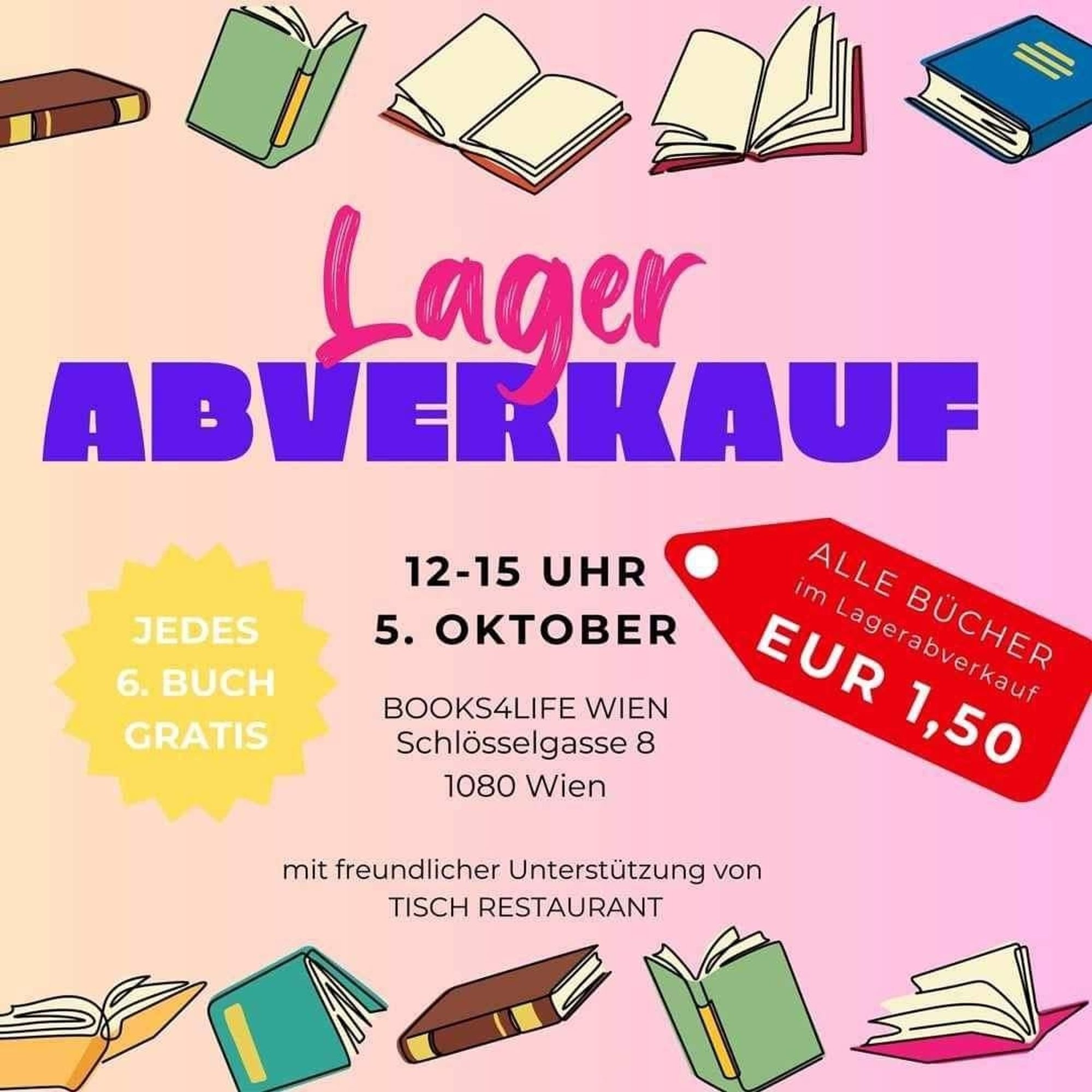 Plakat zum Bücher-Lagerabverkauf von Books4life Wien: 12-15 Uhr am 5.10.