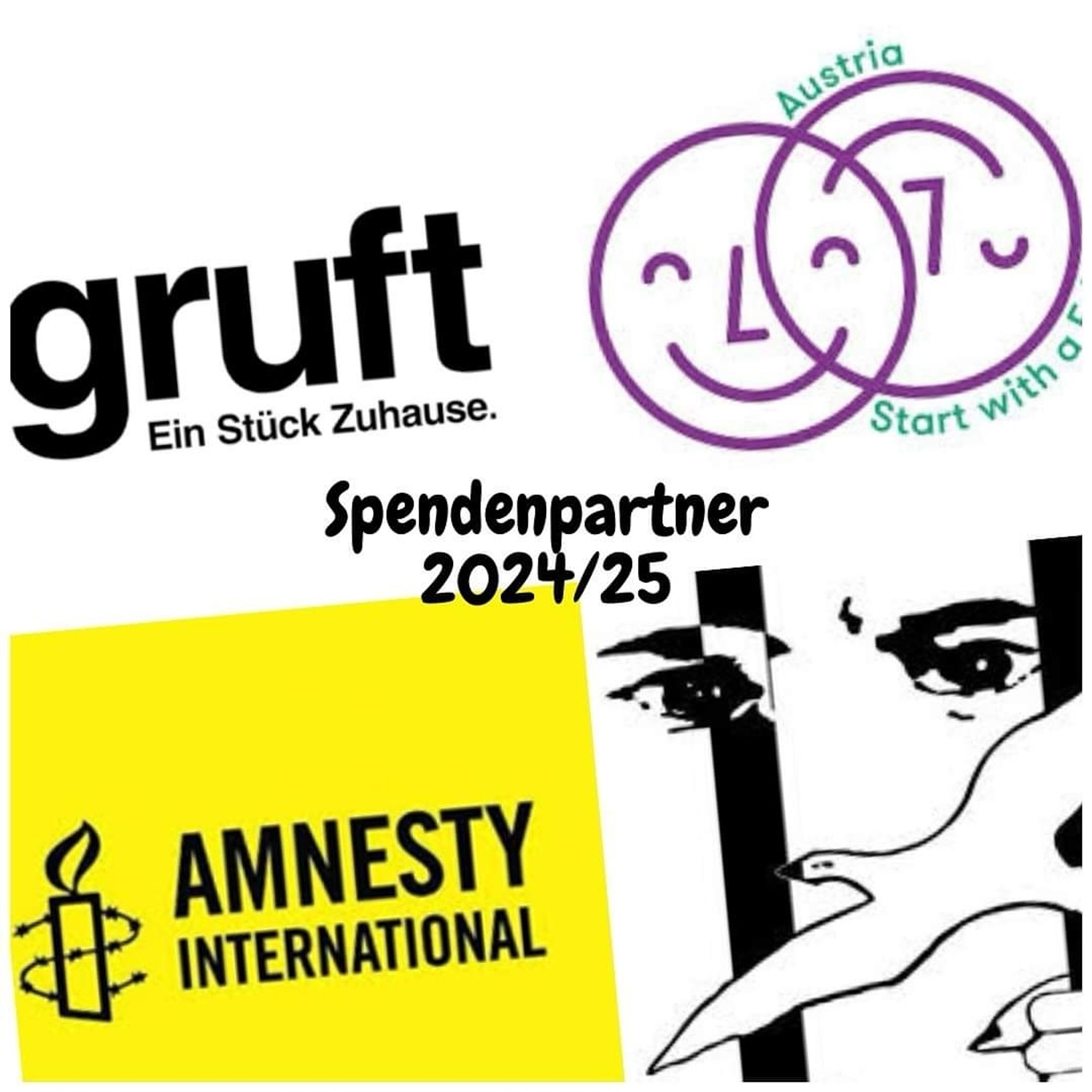 Collage aus vier logos: Asyl in Not, Start with a Friend Österreich, Amnesty International Austria und Die Gruft (Caritas: Wir helfen.).