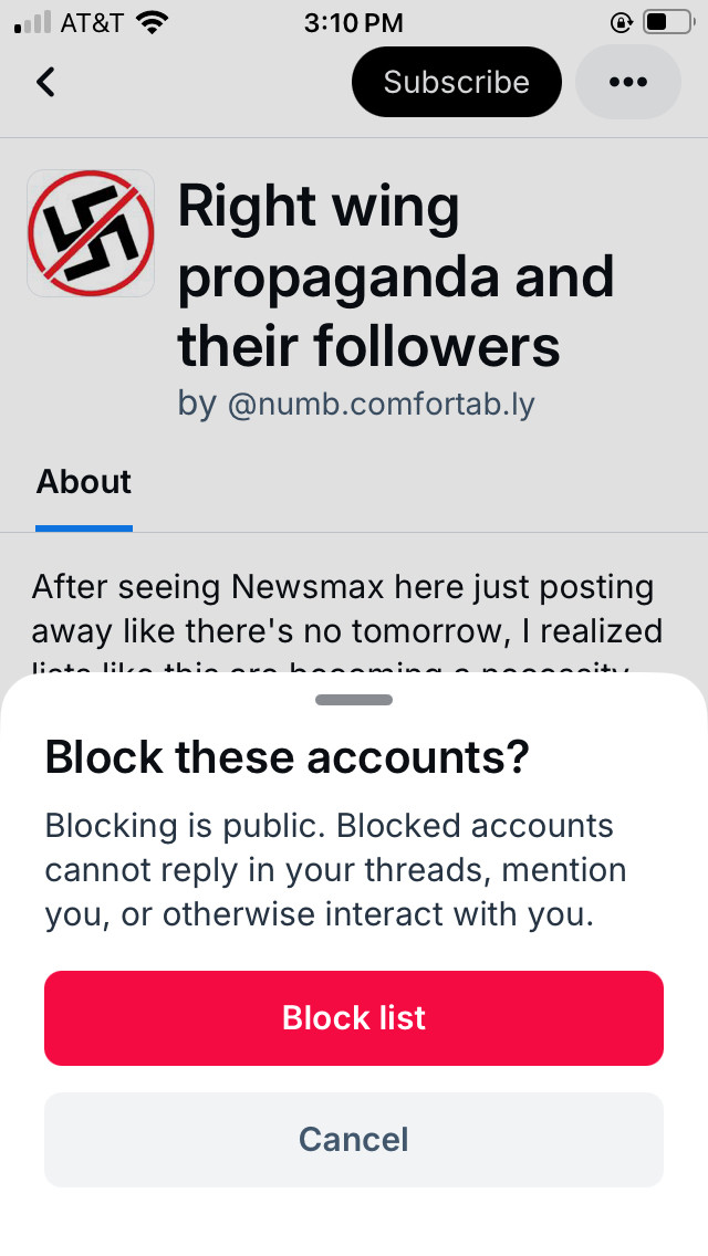 Notification that subscribing to Right wing propaganda and their followers blocks them from interacting with my account 