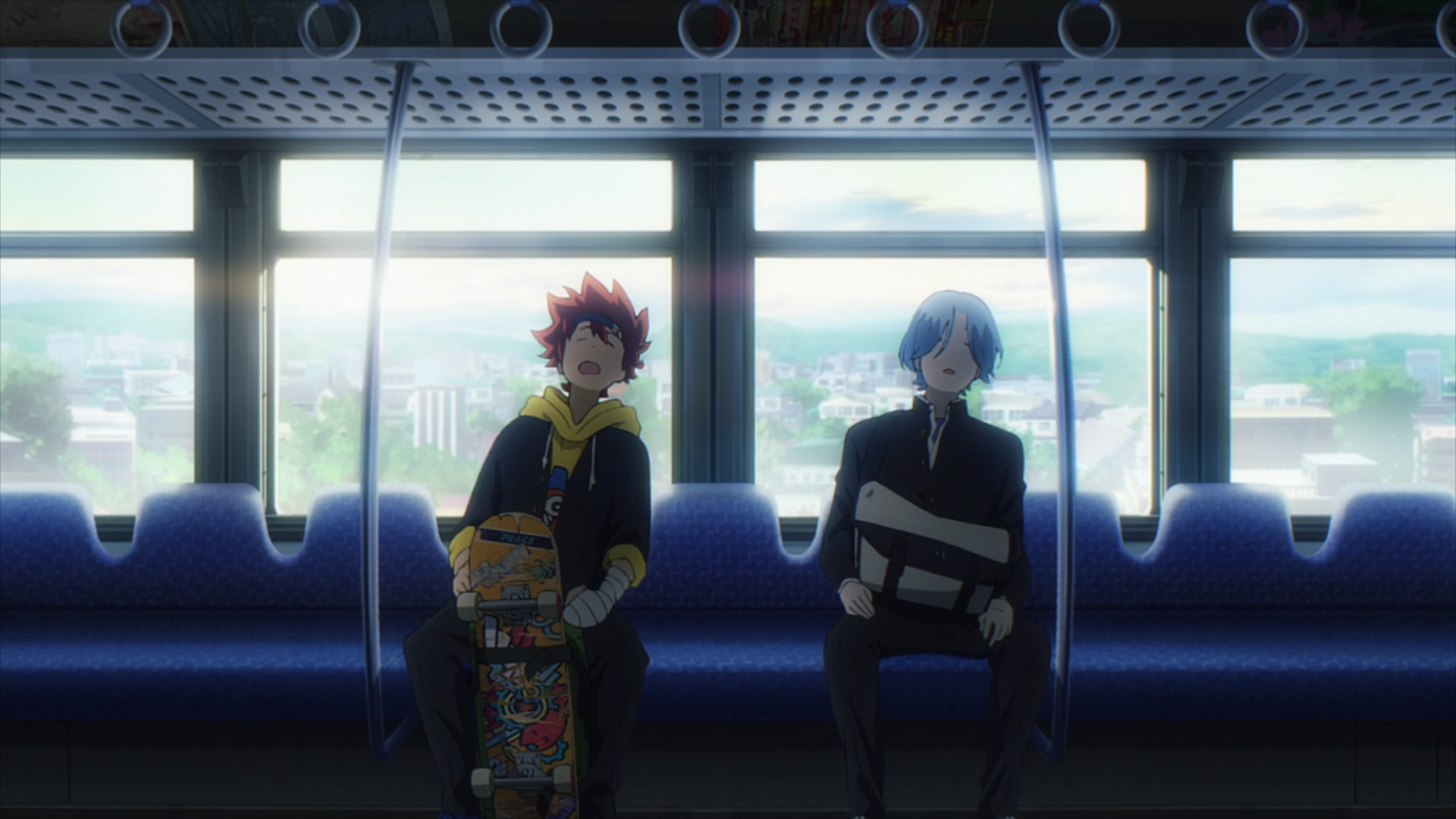 Reki and Langa sleeping on the monorail