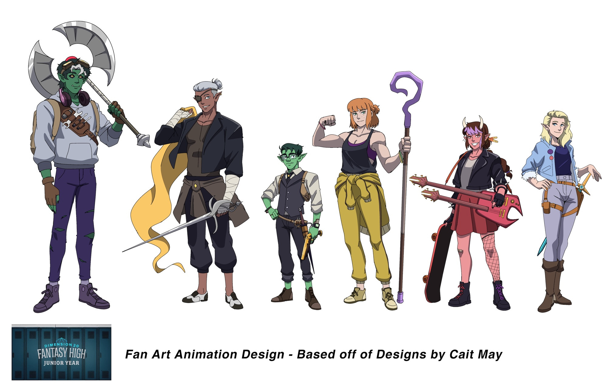 Fantasy High Junior Year: Fan Art Animation Designs based off of designs by Cait May
Left to Right: Gorgug, Fabian, Riz, Kristen, Fig, Adaine