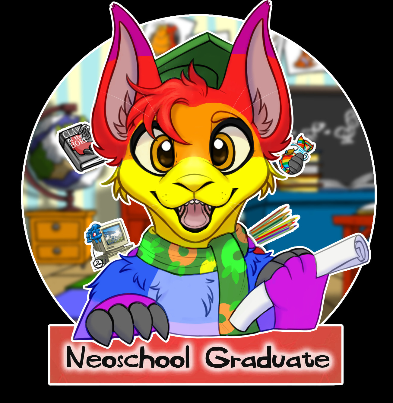 The artwork for a badge, drawn by Grey / Bodyhorror / Caliander. An excited rainbow bori is holding a diploma and wearing a graduation hat. Underneath their claws, the badge says, "Neoschool Graduate".