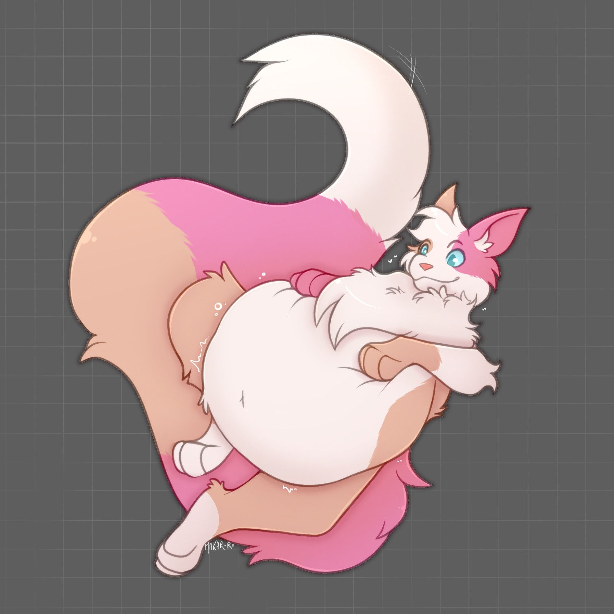 A pink, peach and cream-colored calico cat lays on her back, rubbing a very distended and swollen belly with her paws, smiling happily at it.