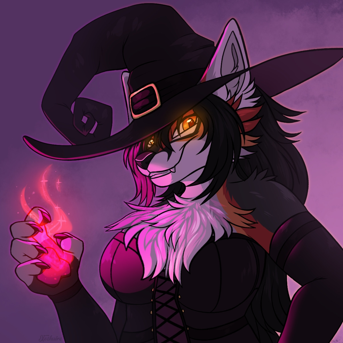 My Character Kitsu, An Anthro Fox as a Witch in a big hat with Pink Flame like magic in hand 