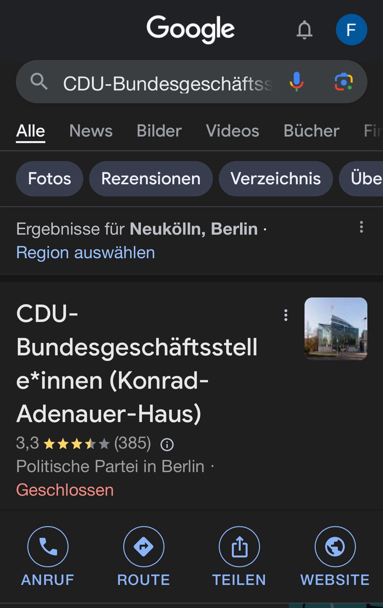 CDU-Bundesgeschäftsstelle*innen bei Google wenn man nach Konrad Adenauer Haus sucht.