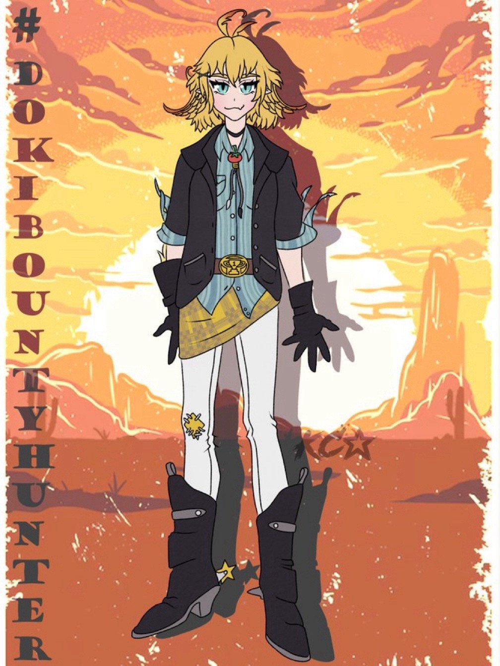 VTuber Dokibird in a cowboy-like bounty hunter outfit, in front of a western desert sunset, staged like a wanted poster, with corrected colors.