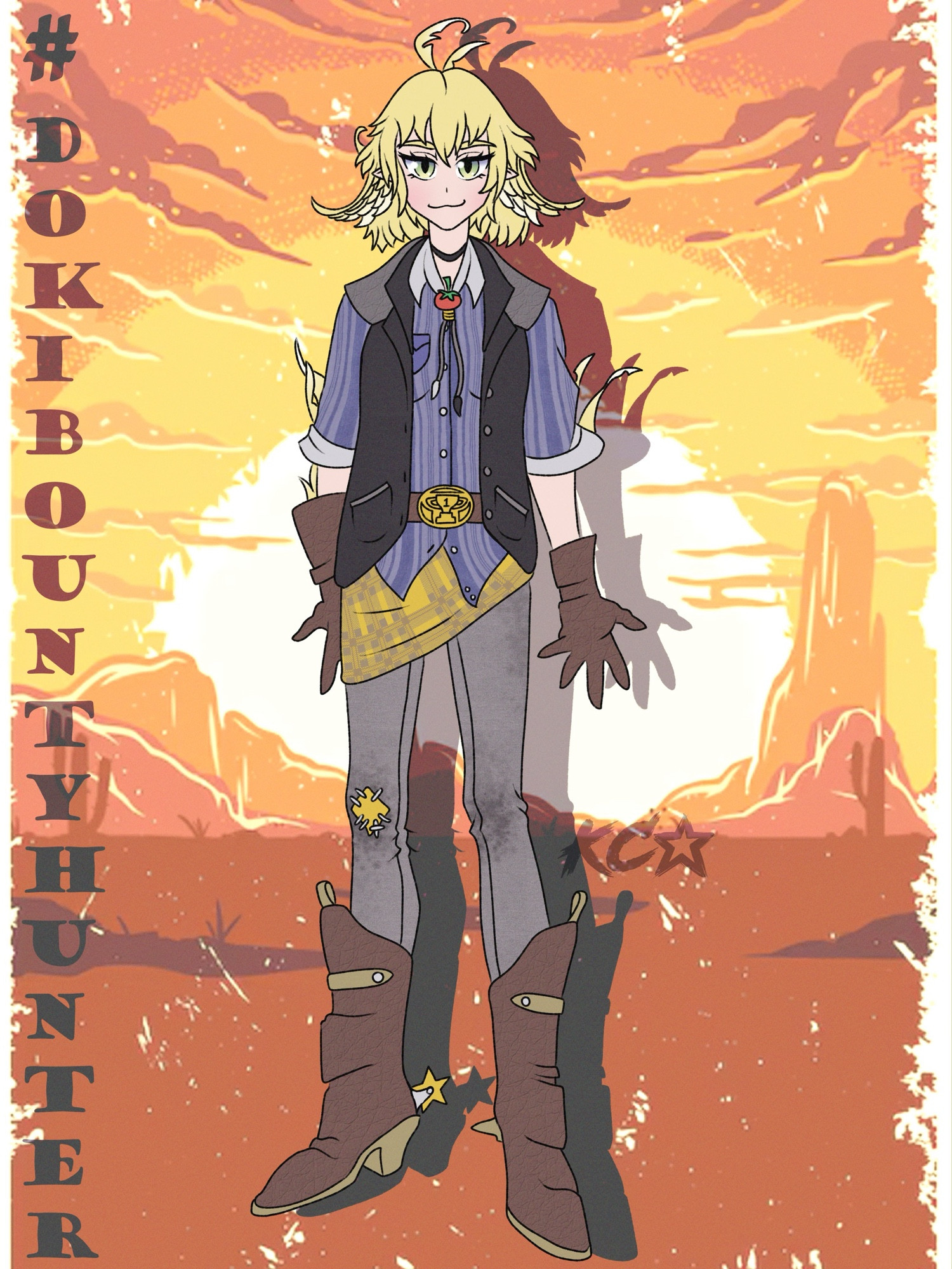 VTuber Dokibird in a cowboy-like bounty hunter outfit, in front of a western desert sunset, staged like a wanted poster.